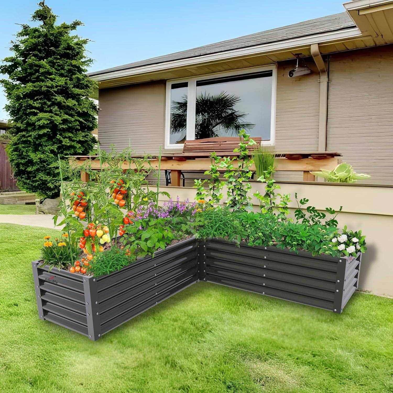 Angle. A Anleolife - Gray Metal Rectangular L-Shaped Raised Garden Bed Planter Box for Planting Vegetables (74 in. L x 74 in. W x 18 in. H) - Gray.