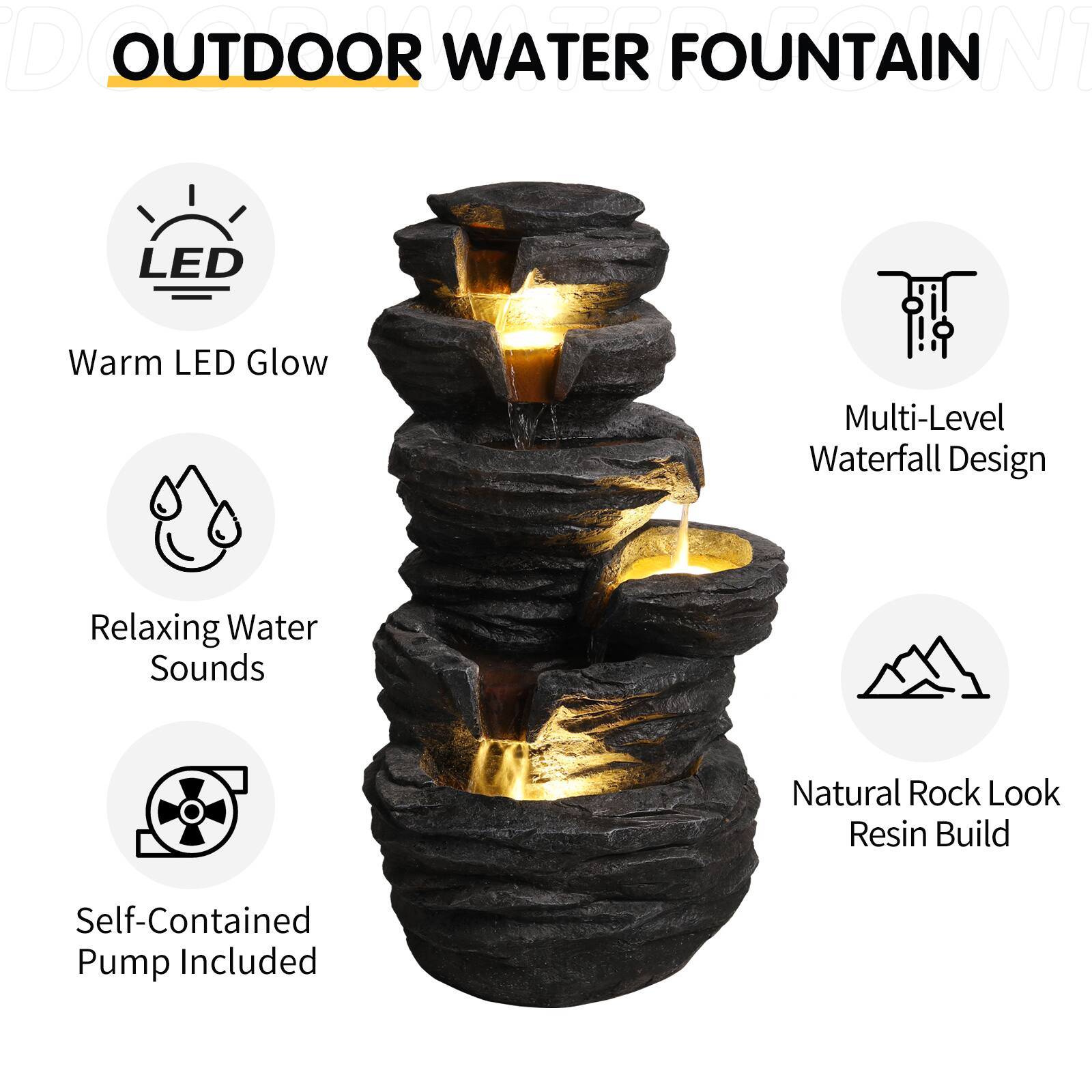 OUTDOOR WATER FOUNTAIN

- Warm LED Glow
- Multi-Level Waterfall Design
- Relaxing Water Sounds
- Natural Rock Look Resin Build
- Self-Contained Pump Included