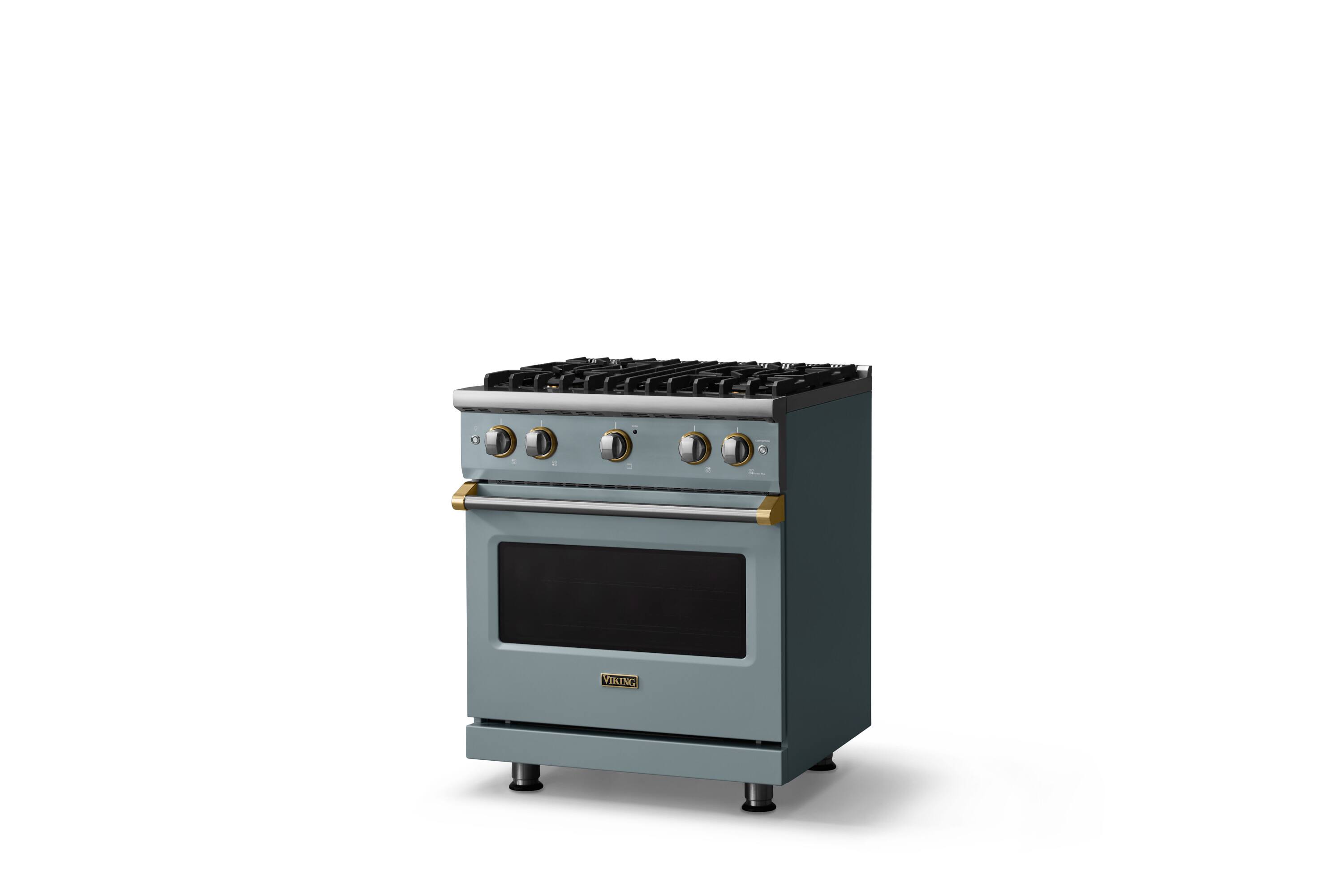 Angle. Viking - 30 in. Wide Pro 5 Series 4.0 Cu. Ft. Freestanding Sealed 4 Burner Gas Convection Range - November Sky/Brushed Brass - November Sky.