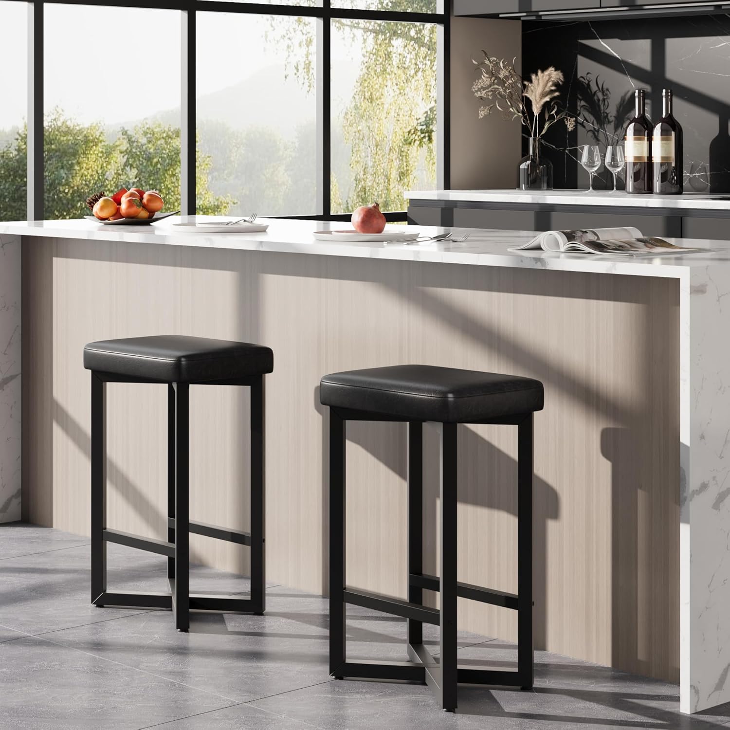 Back. GARVEE - Bar Stools Set of 2, 24.6" Counter Height Backless Barstools, Upholstered PU Leather Seats with Metal X-Frame, Black - Black.