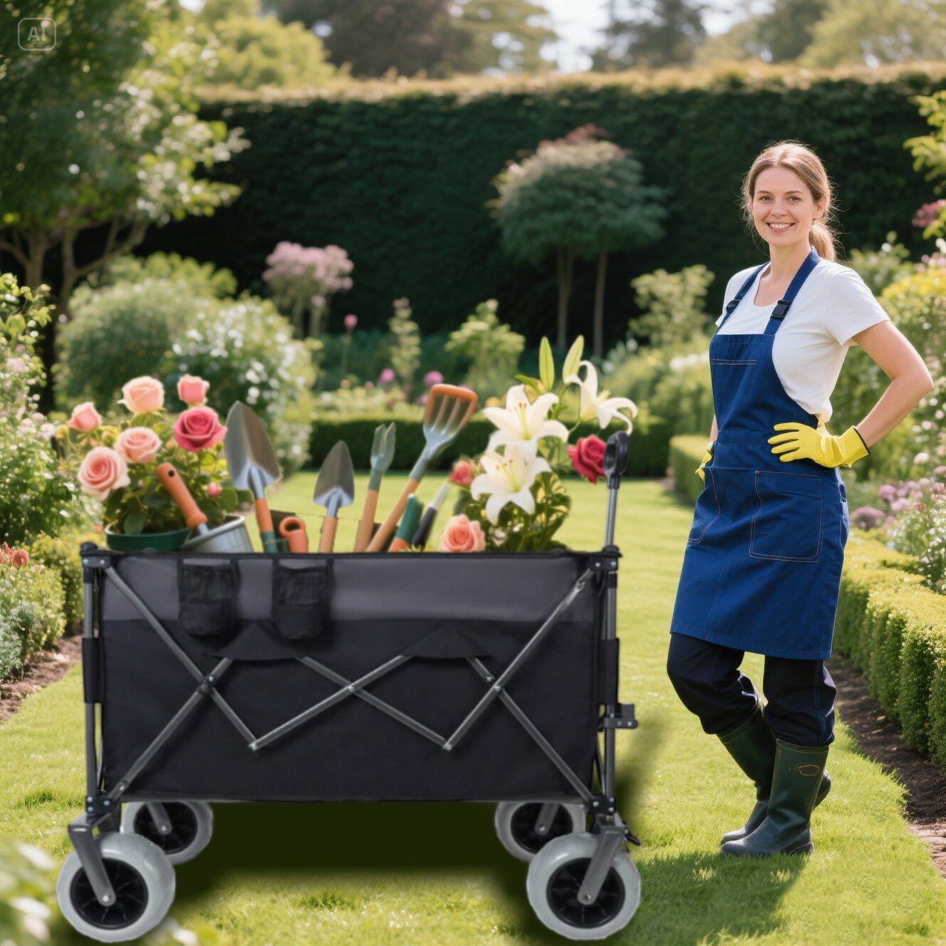 Back. Mondawe - 300L XL Folding Wagon Utility Carts w/ All-Terrain Wheels, Brakes and Cup Holders - Black.