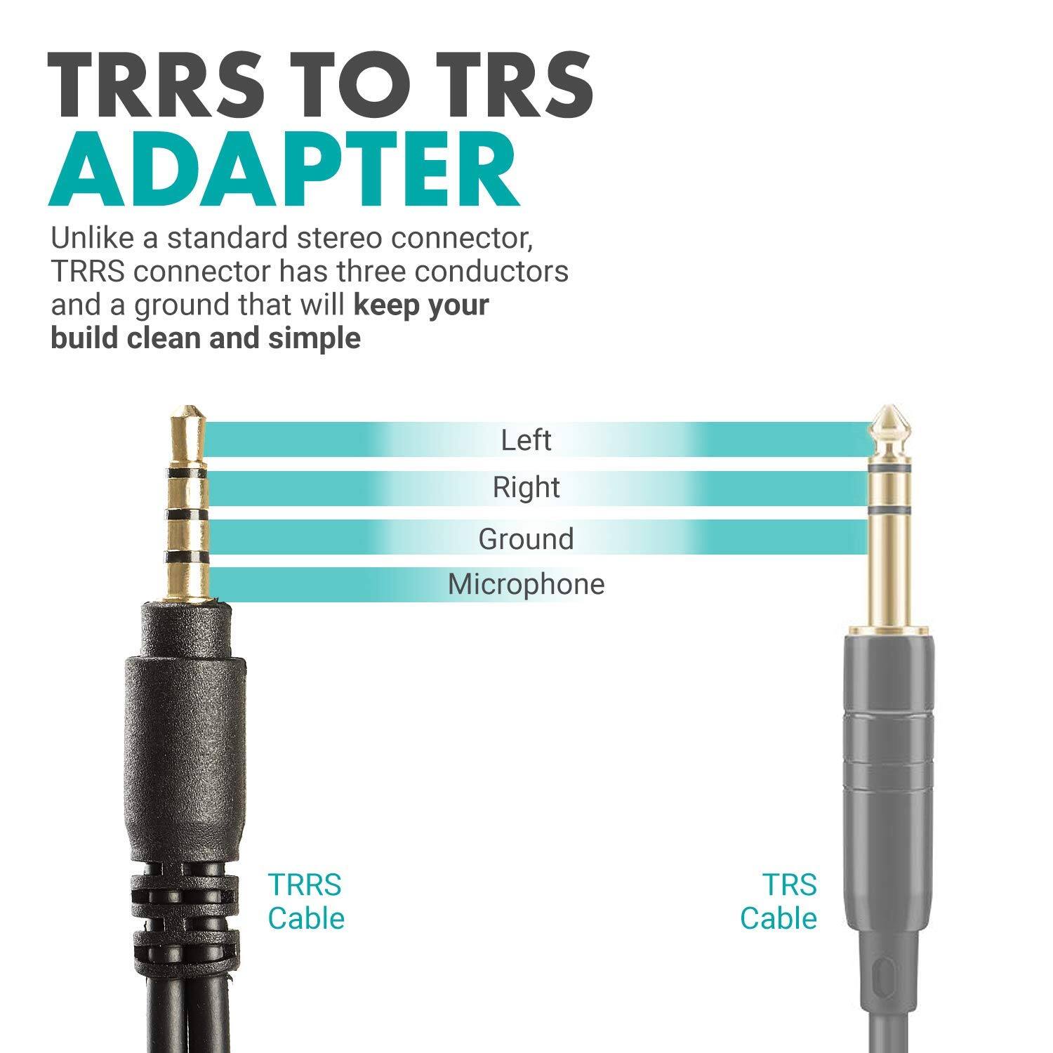 **TRRS TO TRS ADAPTER**

Unlike a standard stereo connector, TRRS connector has three conductors and a ground that will keep your build clean and simple

- Left
- Right
- Ground
- Microphone

**TRRS Cable**  
**TRS Cable**