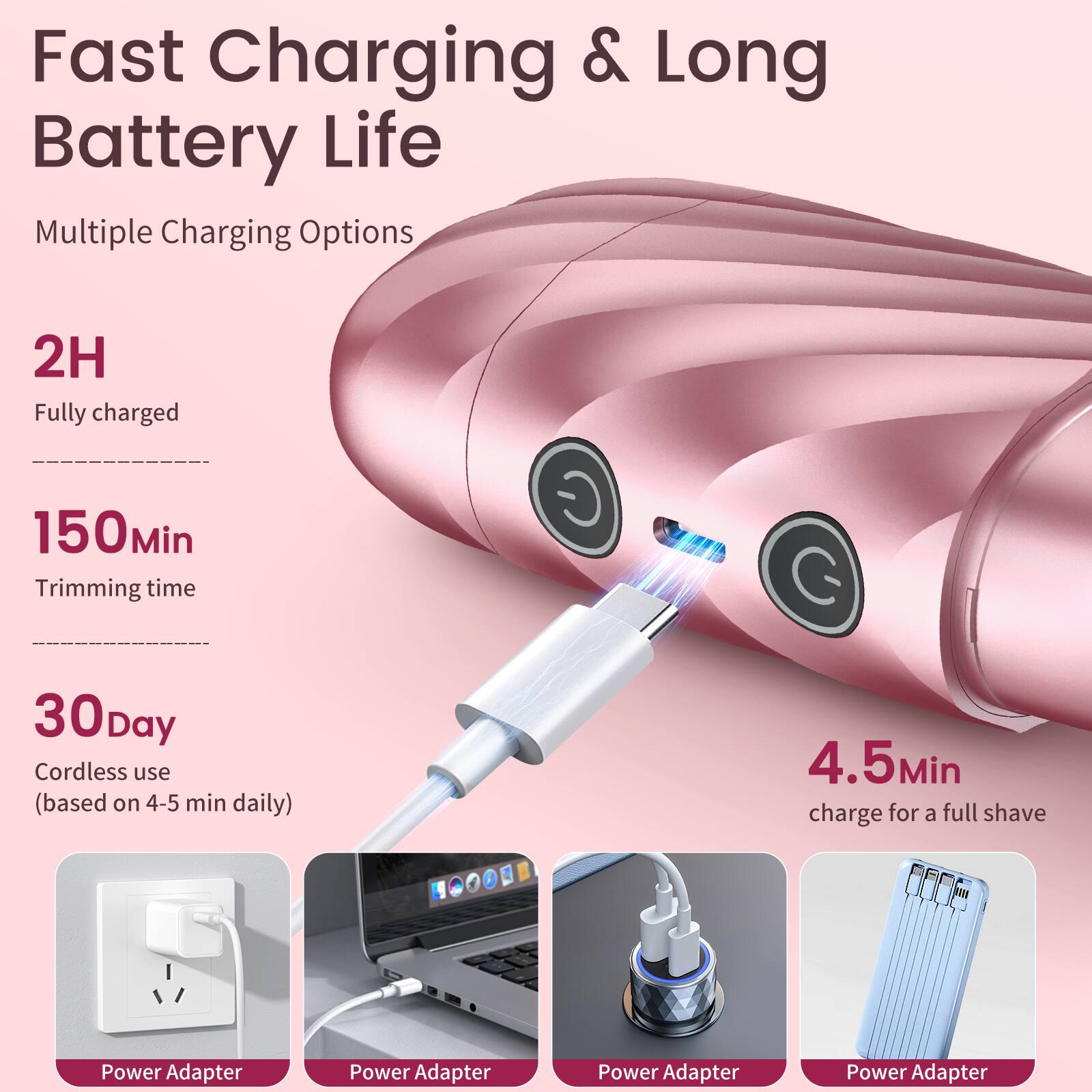 Fast Charging & Long Battery Life  
Multiple Charging Options  
2H Fully charged  
150Min Trimming time  
30Day Cordless use (based on 4-5 min daily)  
4.5Min charge for a full shave  
Power Adapter