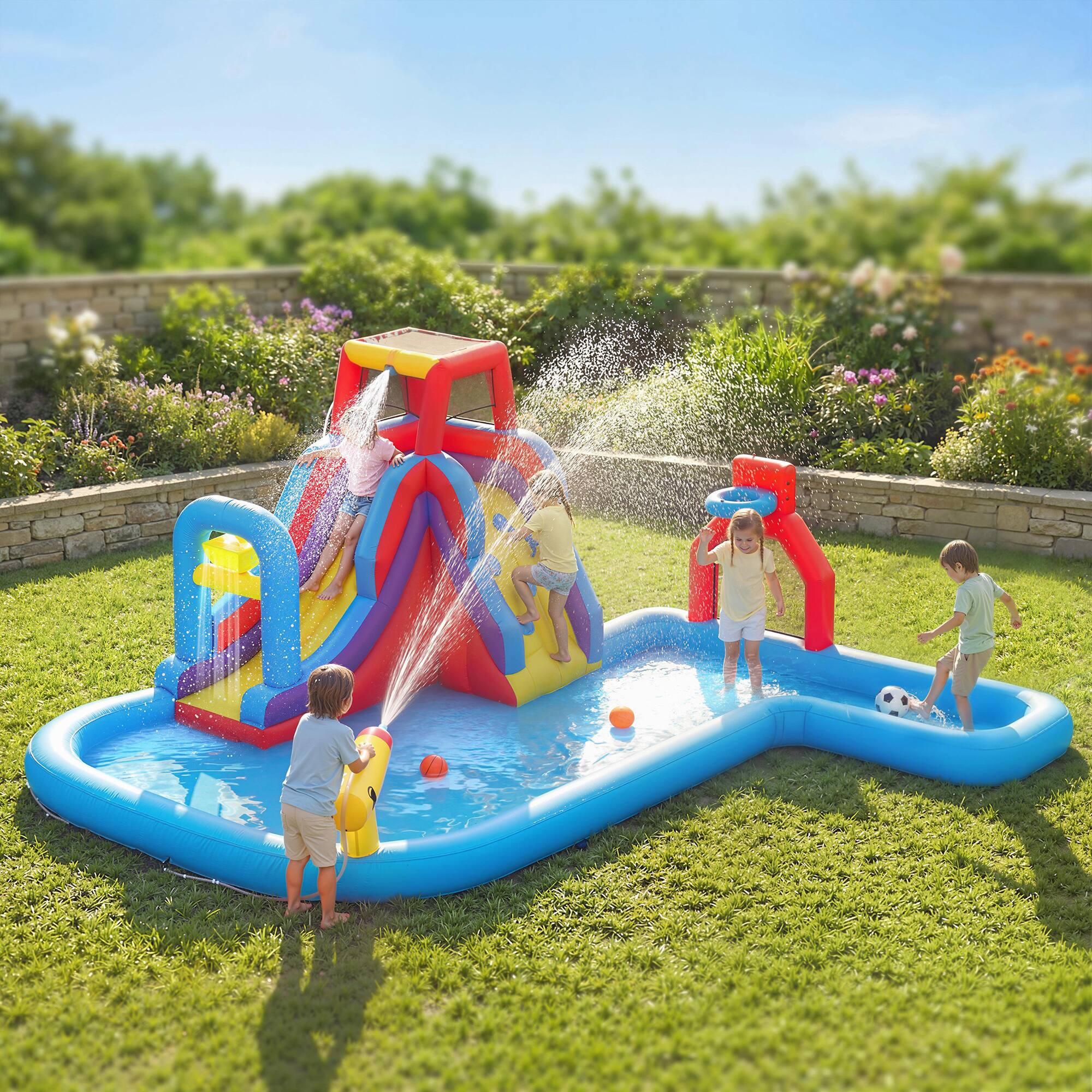Left. Loheer - Loheer Inflatable Water Slide Bounce House Splash Pool Kids Backyard Playground Heavy Duty Oxford Cloth Blower Included.