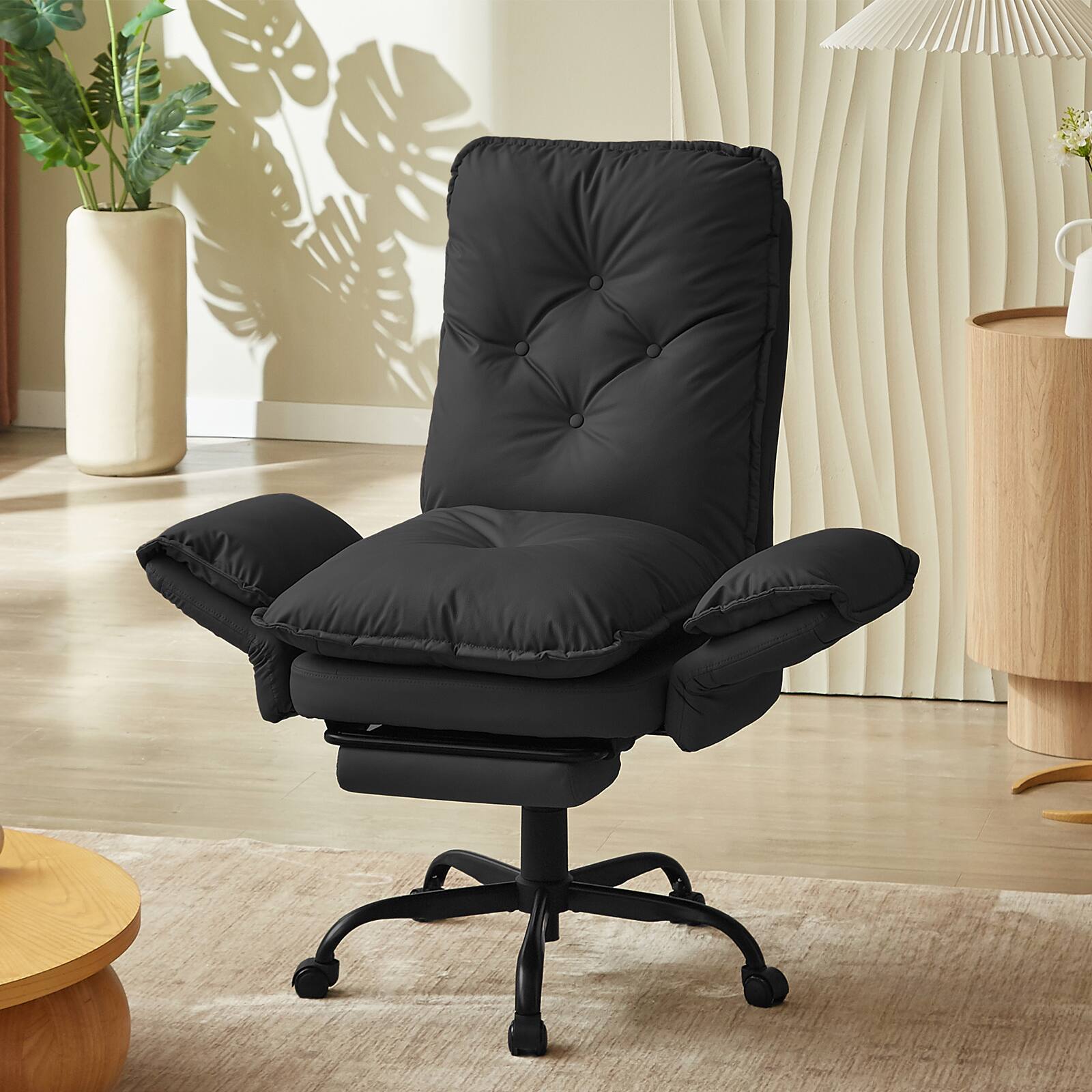Alt View 1. Bestier - Cross Legged Executive Office Chair, Velvet Ergonomic Desk Chair with Flip-Up Arms, Retractable Footrest & Side Pockets - Black PU Leather.