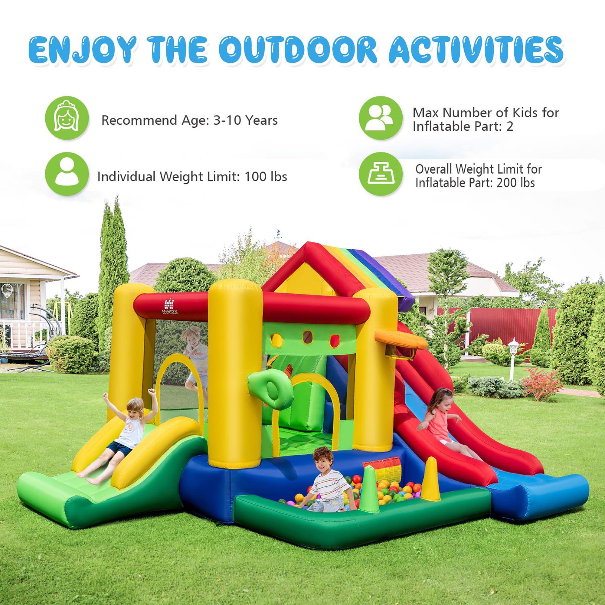 ENJOY THE OUTDOOR ACTIVITIES

Recommend Age: 3-10 Years

Max Number of Kids for Inflatable Part: 2

Individual Weight Limit: 100 lbs

Overall Weight Limit for Inflatable Part: 200 lbs