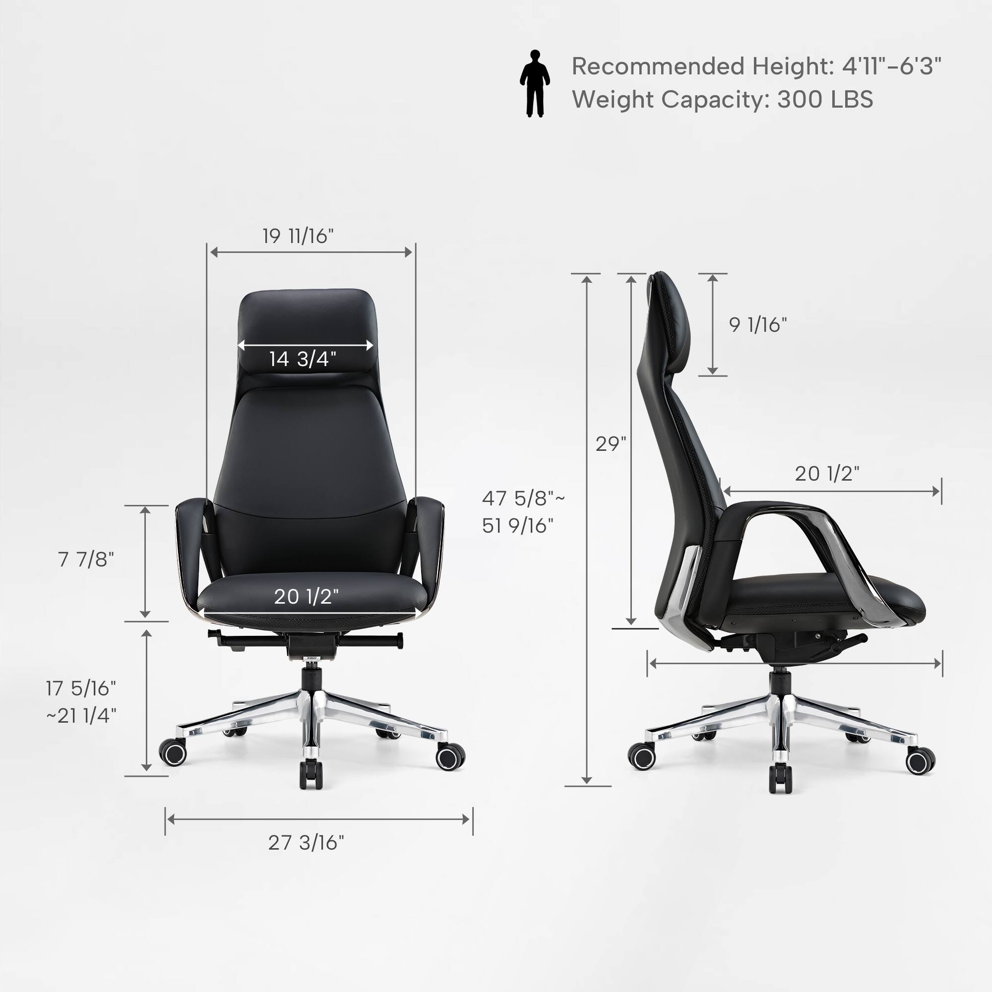 Recommended Height: 4'11"-6'3"  
Weight Capacity: 300 LBS

19 11/16"  
14 3/4"  
9 1/16"  
7 7/8"  
20 1/2"  
47 5/8" ~ 51 9/16"  
29"  
20 1/2"  
17 5/16" ~ 21 1/4"  
27 3/16"