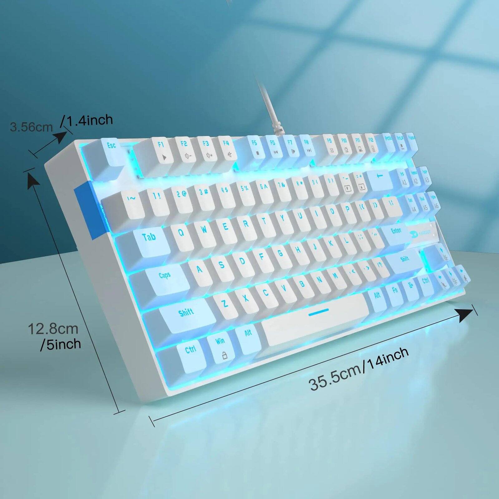 3.56cm /1.4inch  
Esc  
F1  
F2  
F3  
F4  
F5  
FG  
FR  
PS  
PO  
PT  
F2  
PAS  
KLA  
12.8cm /5inch  
3# 4$ il DS IN W E Tab Q S A Caps Z Shift Win Ctrl a  
5% R D X Alt  
34 II AL 8 16 SA 7 D P 11 LA 45 | 0 Y U T 'M Enter K L H F G Shift (!? N Ctrl all. V Fa C Alt  
35.5cm/14inch