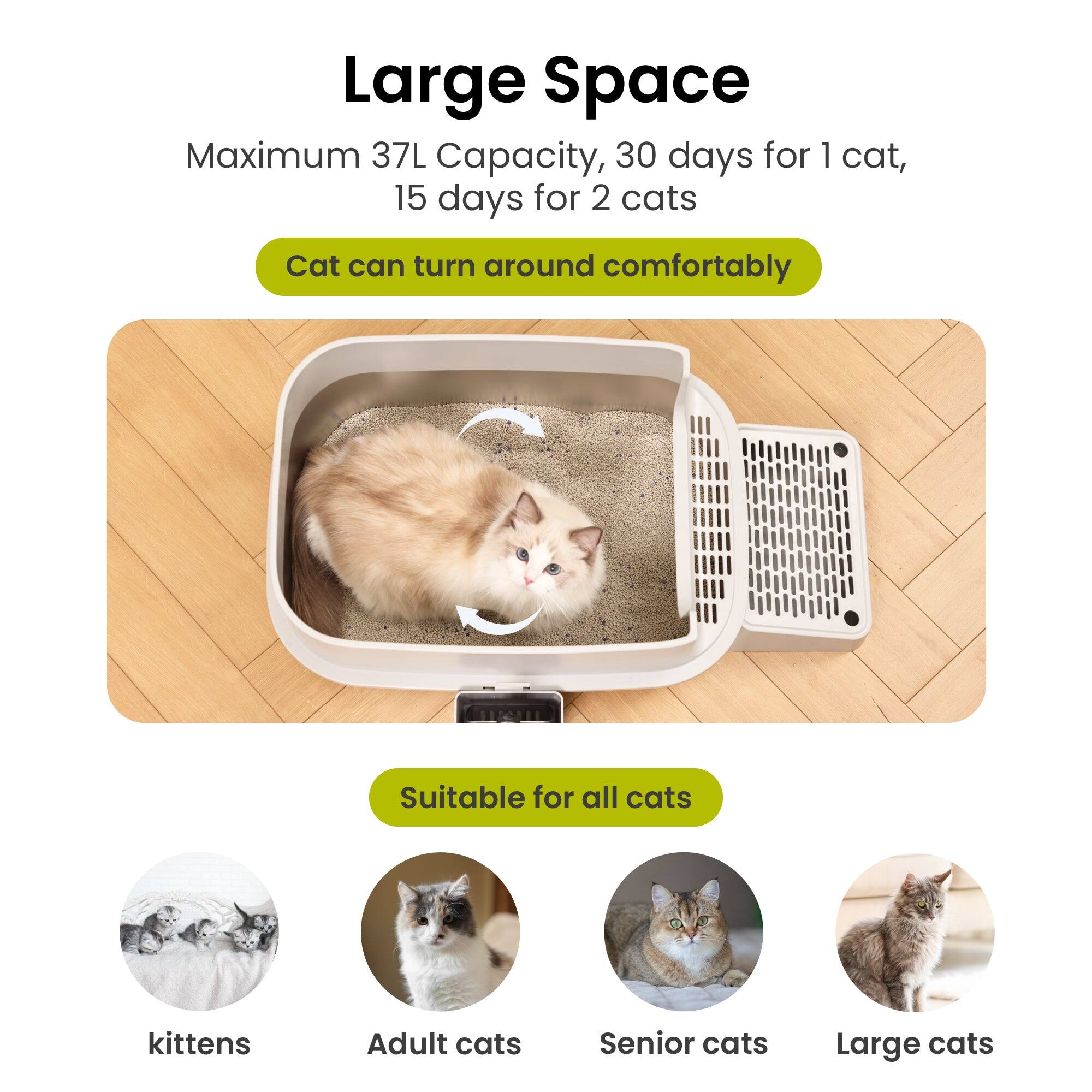 Large Space  
Maximum 37L Capacity, 30 days for 1 cat, 15 days for 2 cats  
Cat can turn around comfortably  
Suitable for all cats  
kittens  
Adult cats  
Senior cats  
Large cats