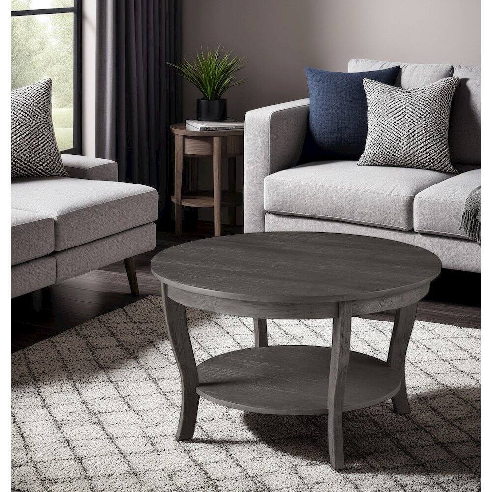 Alt View 1. FurniFact - Gray Round Coffee Table with Shelf and Modern Design for Living Room - Wirebrush Dark Gray.