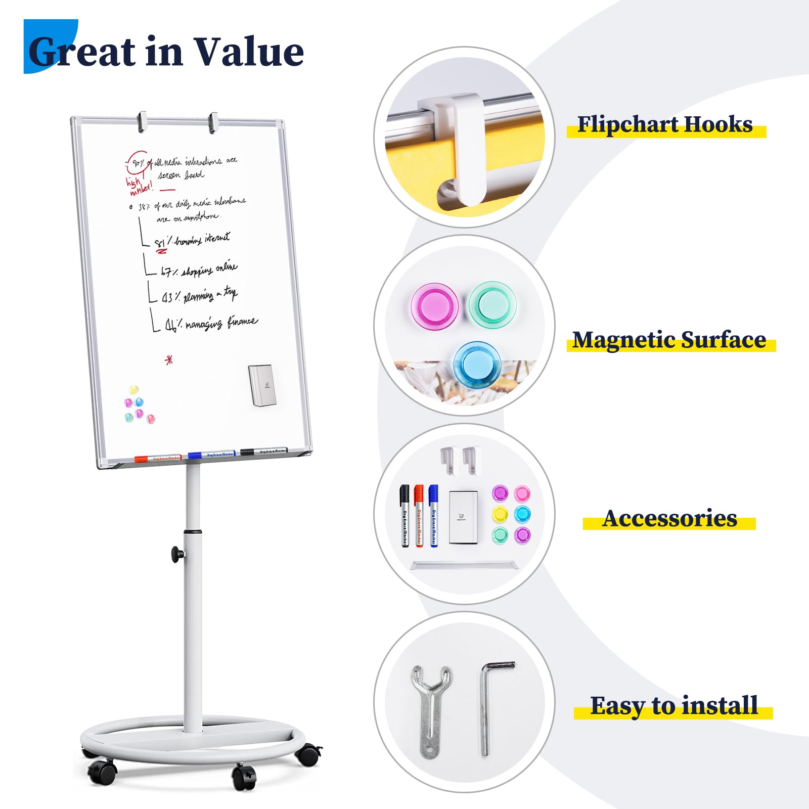 Great in Value

- Flipchart Hooks
- Magnetic Surface
- Accessories
- Easy to install