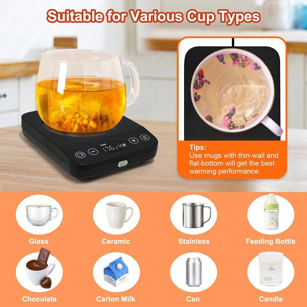 Suitable for Various Cup Types

Tips: Use mugs with thin-wall and flat-bottom will get the best warming performance.

- Glass
- Ceramic
- Stainless
- Feeding Bottle
- Chocolate
- Carton Milk
- Can
- Candle