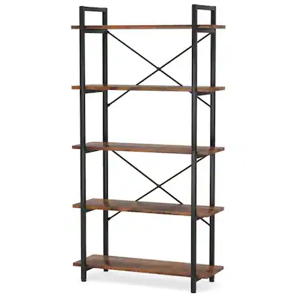 Front. Hivvago - Modern Industrial 5-Shelf Bookcase with Sturdy Metal Frame and Wooden Shelves - Rustic Brown.