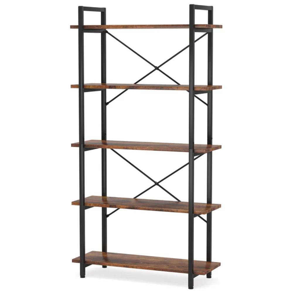 Front. Hivvago - Modern Industrial 5-Shelf Bookcase with Sturdy Metal Frame and Wooden Shelves - Rustic Brown.