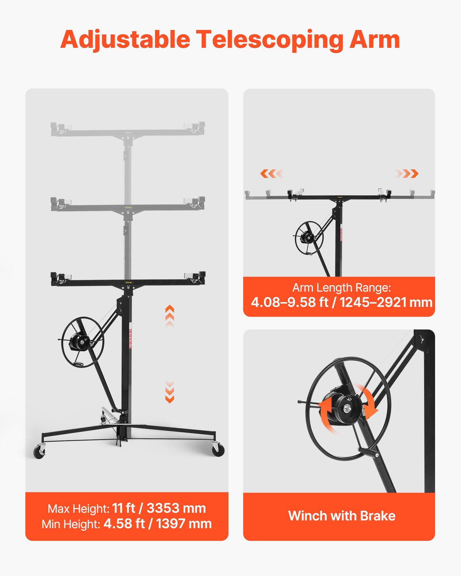 Adjustable Telescoping Arm

Arm Length Range: 4.08-9.58 ft / 1245-2921 mm

Max Height: 11 ft / 3353 mm

Min Height: 4.58 ft / 1397 mm

Winch with Brake