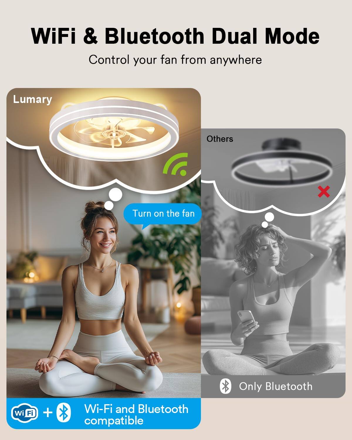 WiFi & Bluetooth Dual Mode  
Control your fan from anywhere  

Lumary  
Turn on the fan  

Wi-Fi and Bluetooth compatible  

Others  
Only Bluetooth