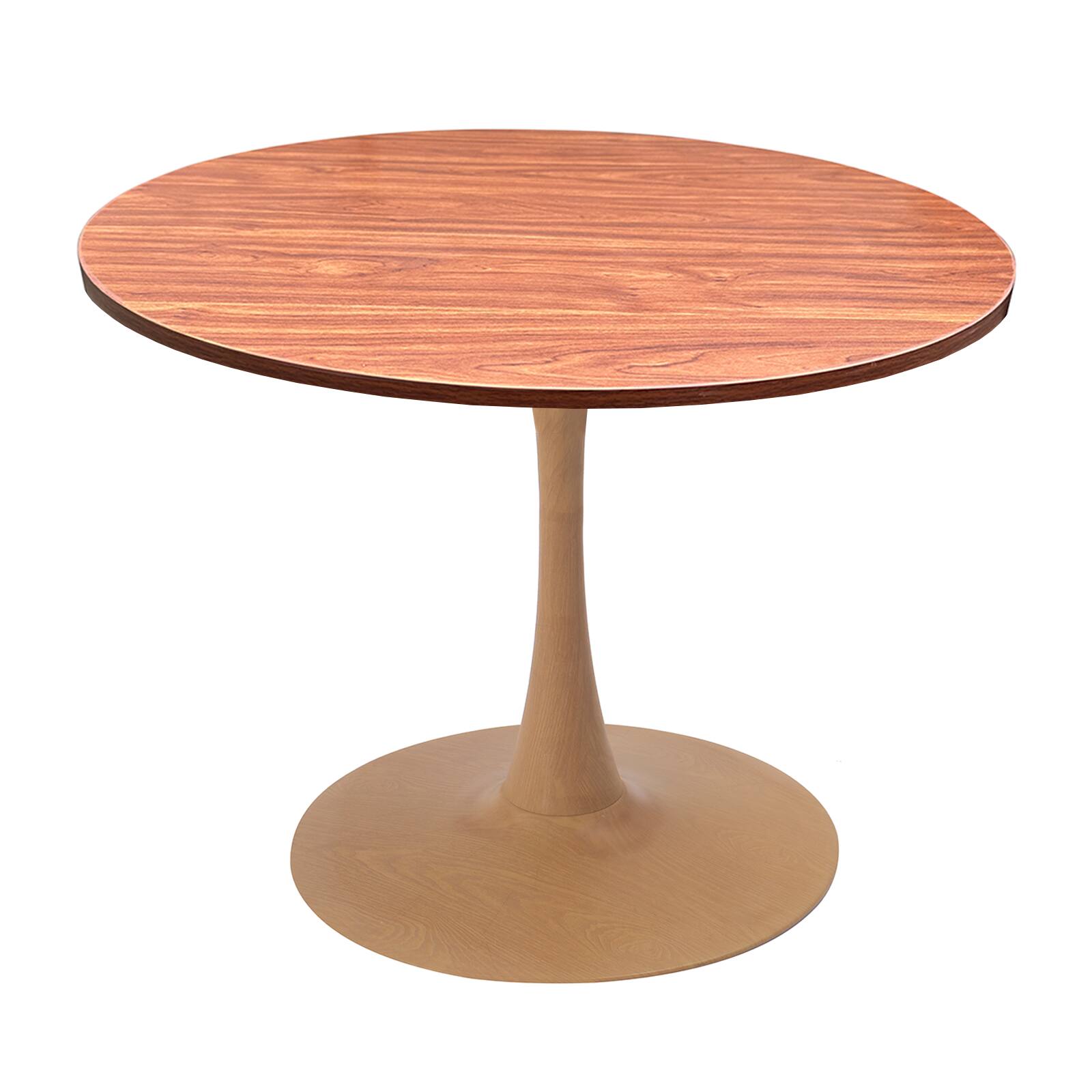 Front. LeisureMod - Bristol 36" Round Dining Table with MDF Marbleized Top and Natural Wood Transfer Base, Modern Kitchen Table - Cognac Brown.