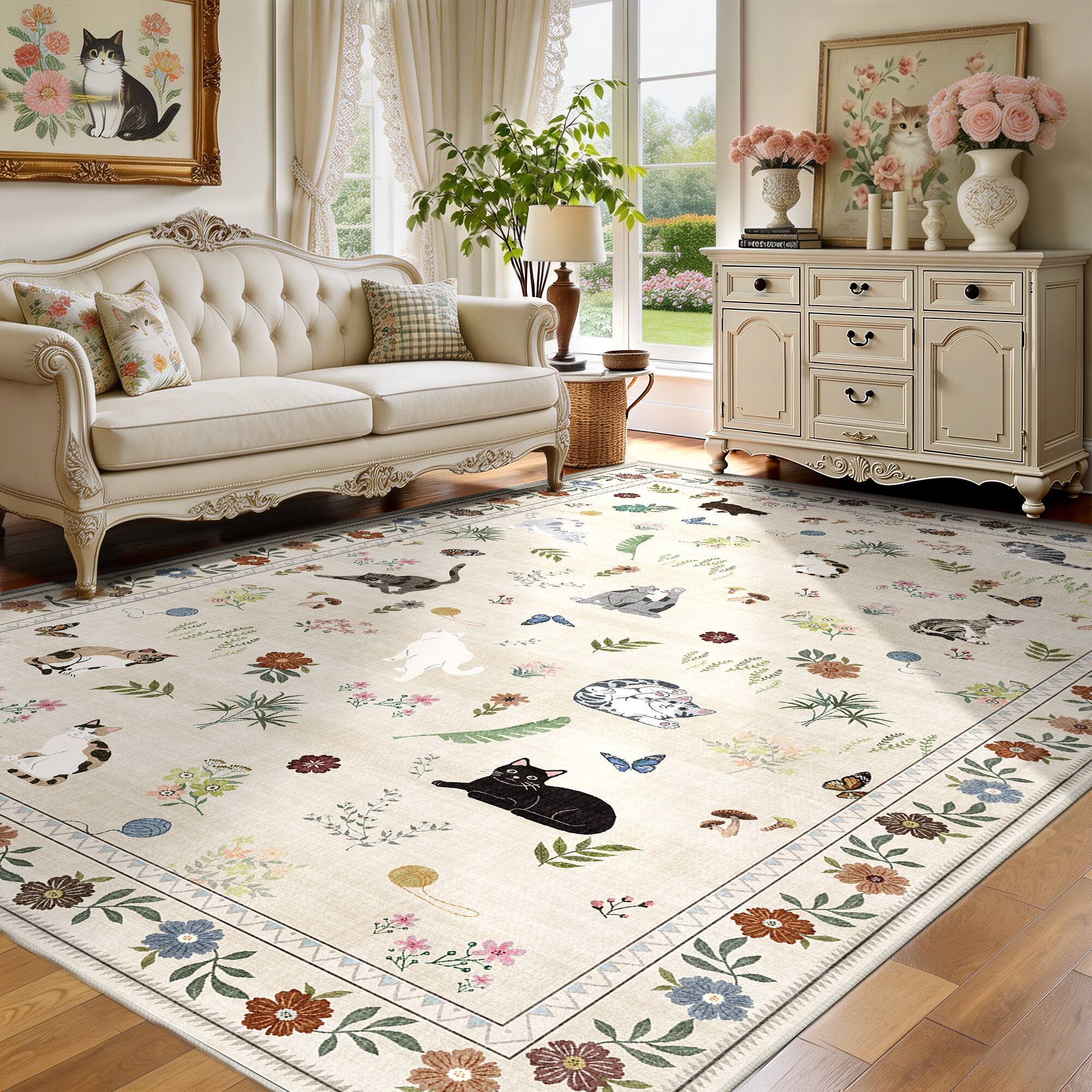 Alt View 1. KERDOM - Cat Illustration 6x9 ft Bedroom Rug, Large Kitten Floor Mat for Dinning Room, Low Pile Washable Area Carpet Animal Throw - Beige.