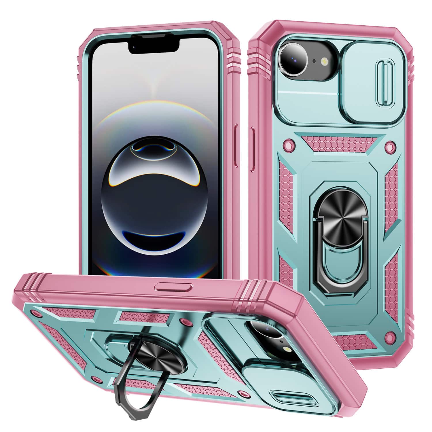 Dteck - Magnetic Case For Apple iPhone 16e/17e with Slide Camera Protection Ring Kickstand PC TPU Rugged Cover - Green/Pink price history on PriceWatchPro