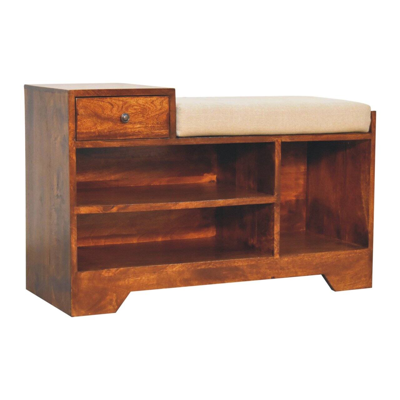 Back. Artisan Furniture - Artisan Furniture Solid Wood Retreat Chestnut Shoe Bench, Upholstered, 1 Drawer, 3 Shelves, Dark Brown & White - Brown & White.