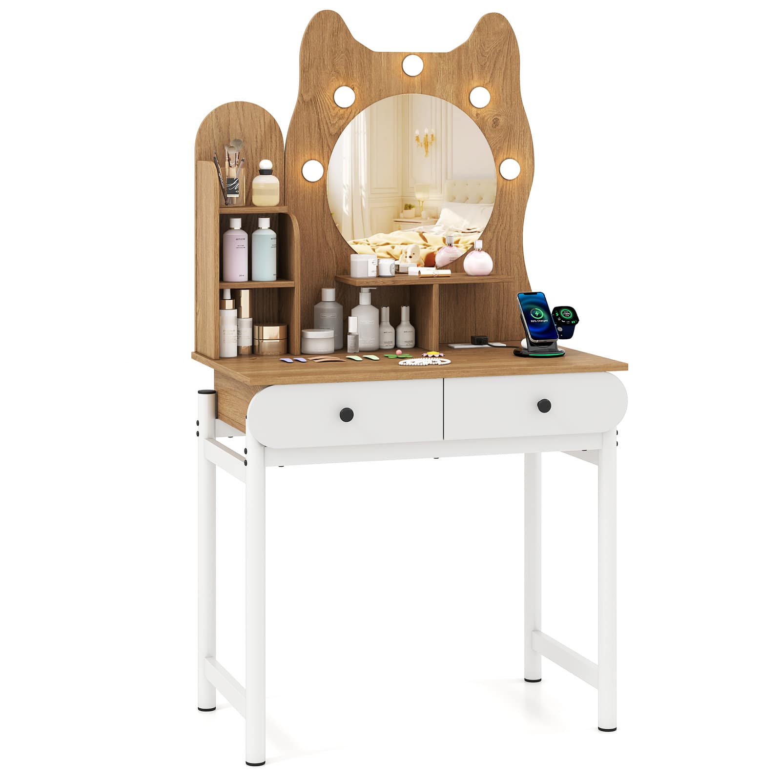 Gymax - Small Vanity Desk w/ Mirror & Lights Cute Kitty Makeup Table w/Power Outlets - White
