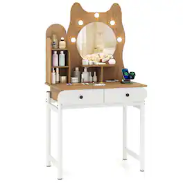 Gymax - Small Vanity Desk w/ Mirror & Lights Cute Kitty Makeup Table w/Power Outlets - White