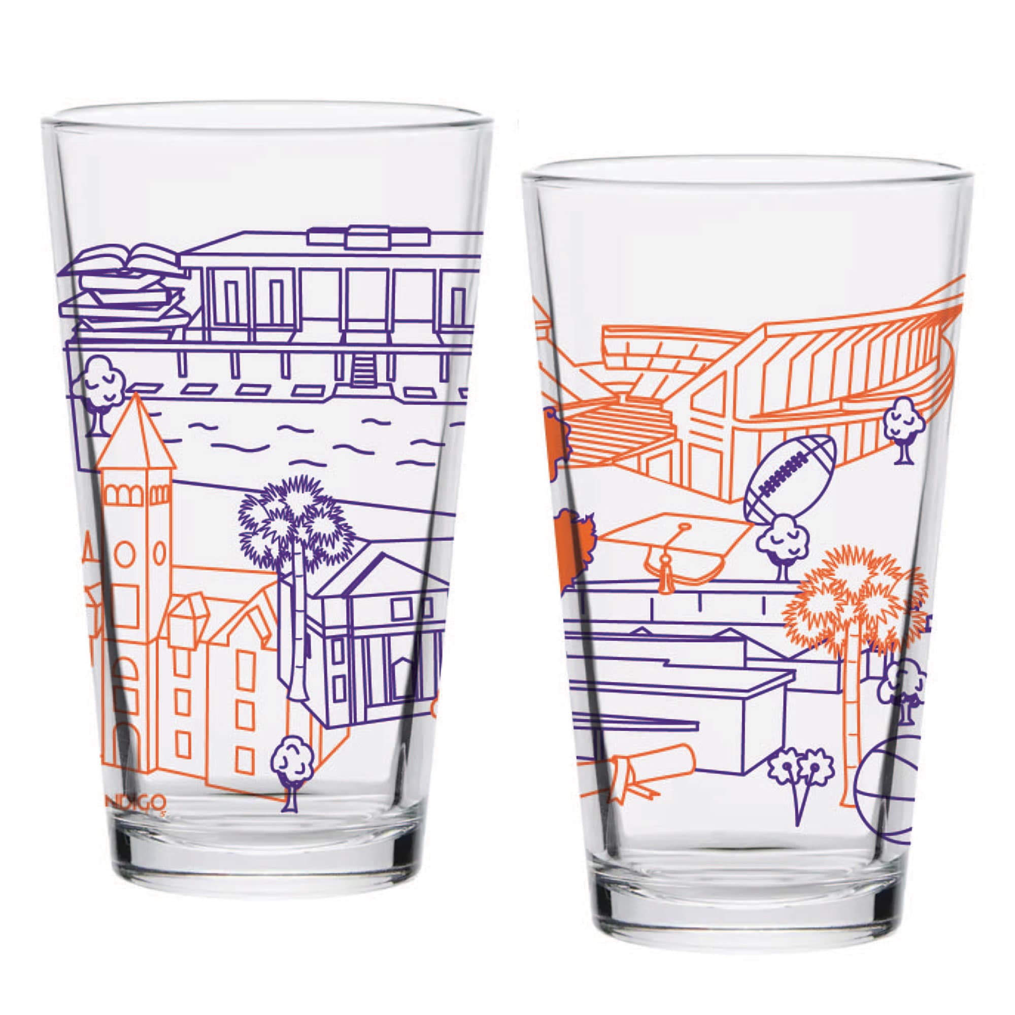 Alt View 1. Indigo Falls - Clemson Tigers Two-Pack 16oz. Campus Line Art Pint Glass Set - Multicolor.