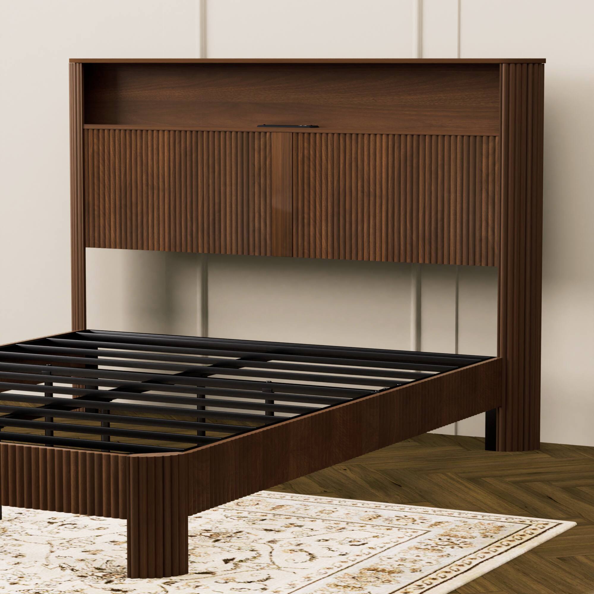 Alt View 7. GOODSILO - Queen Size Storage Bed Frame with Charging Station and Wavy Curved Headboard Design in Natural Finish - Walnut.