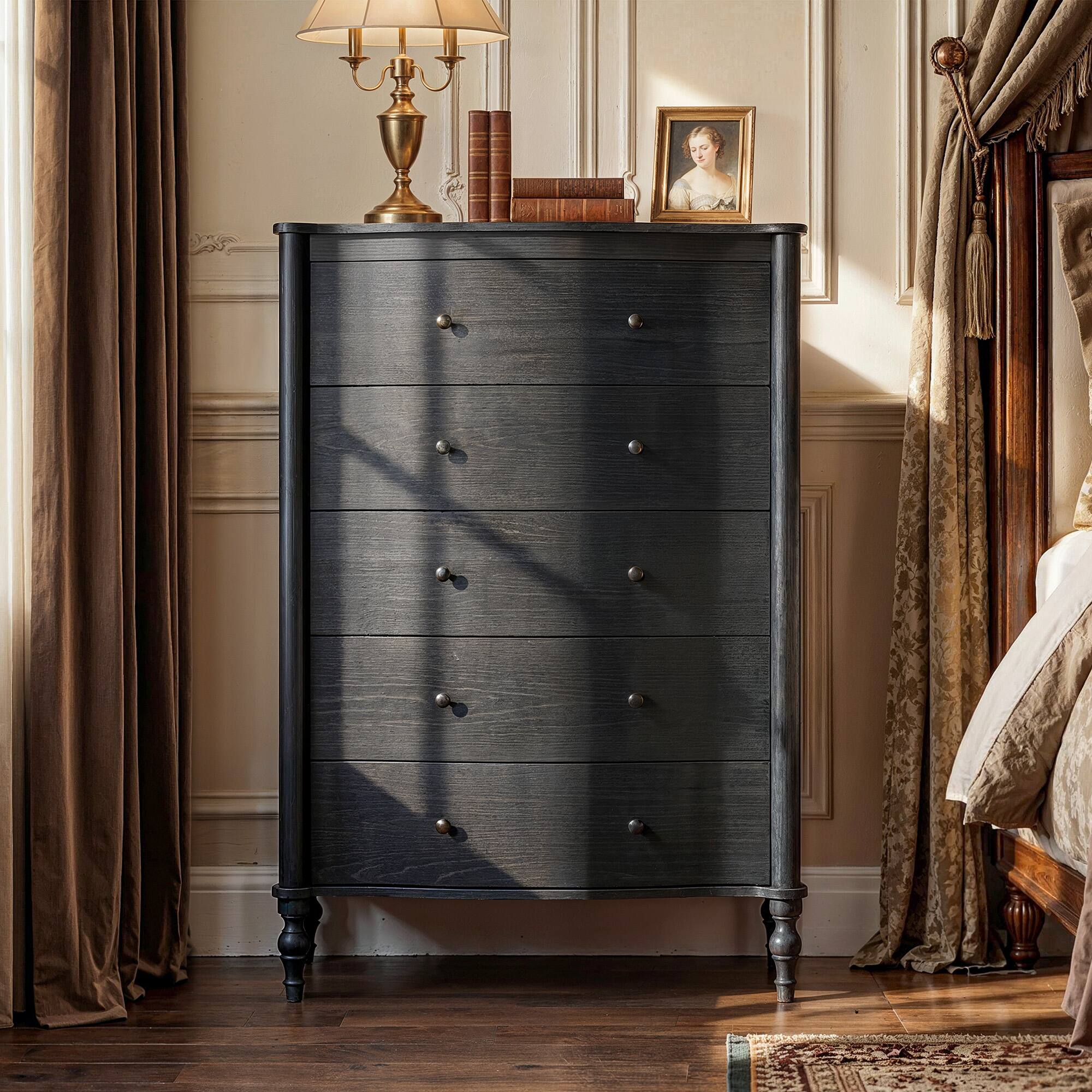 Front. FUFU & GAGA - Vintage Curved 5-Drawer Dresser - Dark Walnut Finish Storage Chest with Fluted Front for Bedroom, Entryway, Living Room - Black.