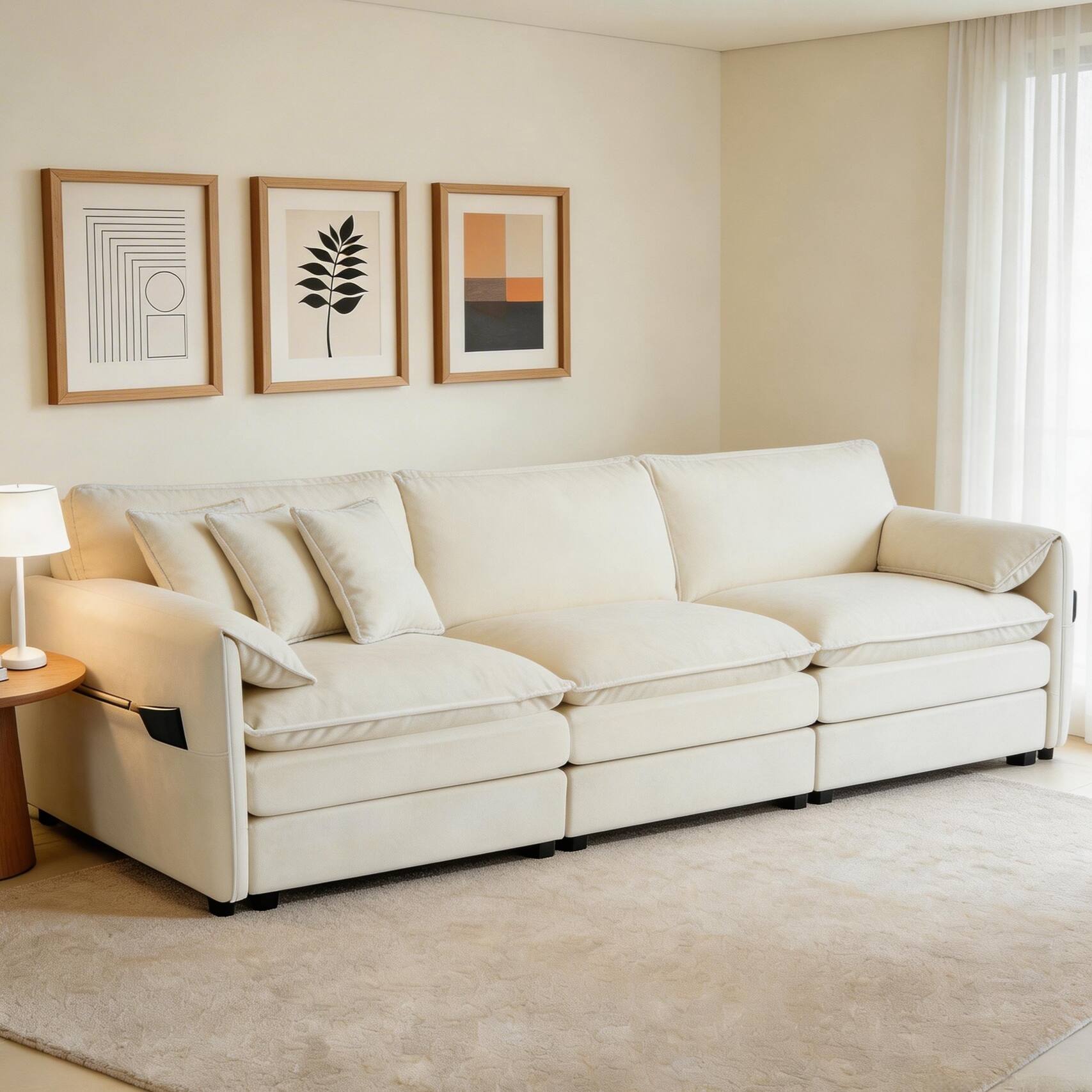 Anysun - Oversized 3-Seat Chenille Sectional Sofa - Deep-Seat Cloud Couch with 3 Pillows, DIY Modular for Living Room & Office - Beige