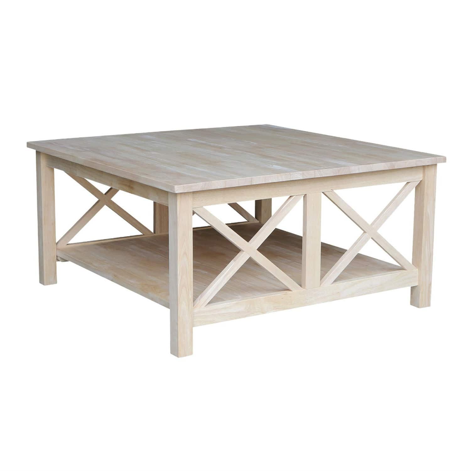 Hivvago - Square Unfinished Solid Wood Coffee Table with Bottom Shelf - White