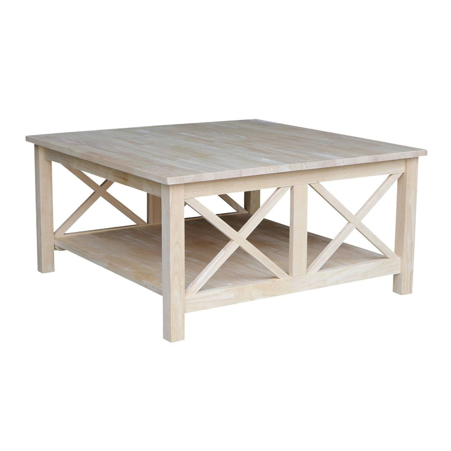 Front. Hivvago - Square Unfinished Solid Wood Coffee Table with Bottom Shelf - White.