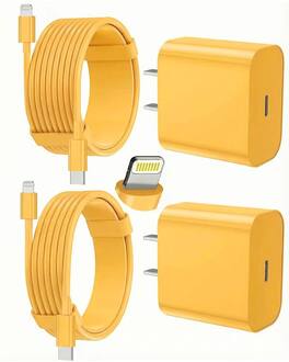 Bundle - Core Tech - 2-Pack USB-C Fast Wall Charger with 6 ft & 10 ft USB-C to Lightning Cables for iPhone - Yellow