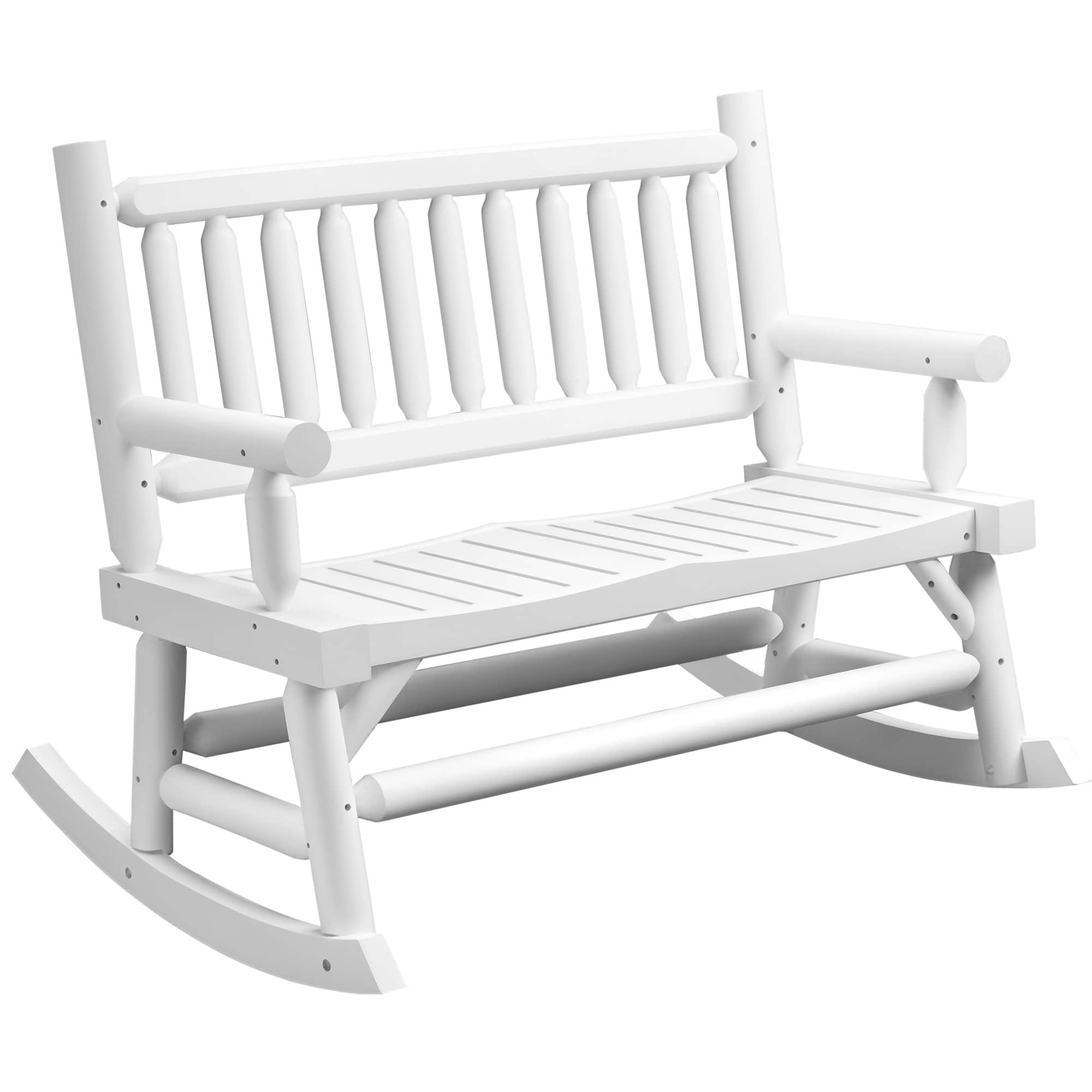 Outsunny - 2-Person Wood Rocking Chair with Log Design, Heavy Duty Loveseat with Wide Curved Seats for Patio, Backyard - White