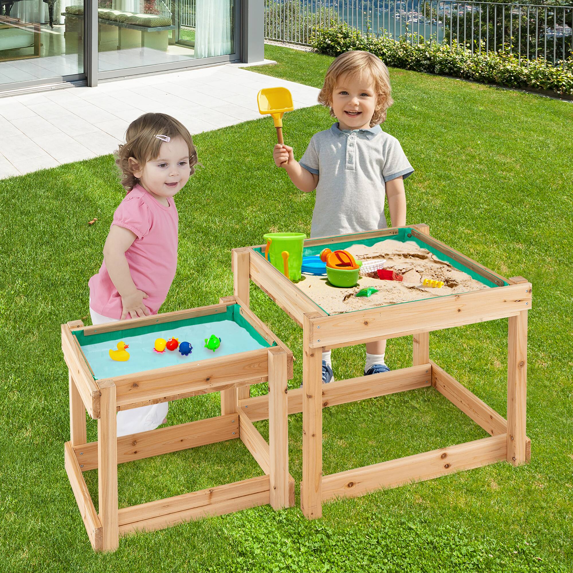 Alt View 3. Gymax - Gymax Wooden Sand & Water Tables Outdoor Sensory Tables w/ Protective Cover - Natural.