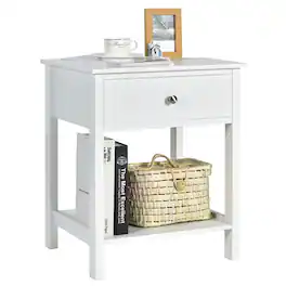 Costway - Nightstand with Drawer Storage Shelf Wooden Bedside Sofa Side Table - White