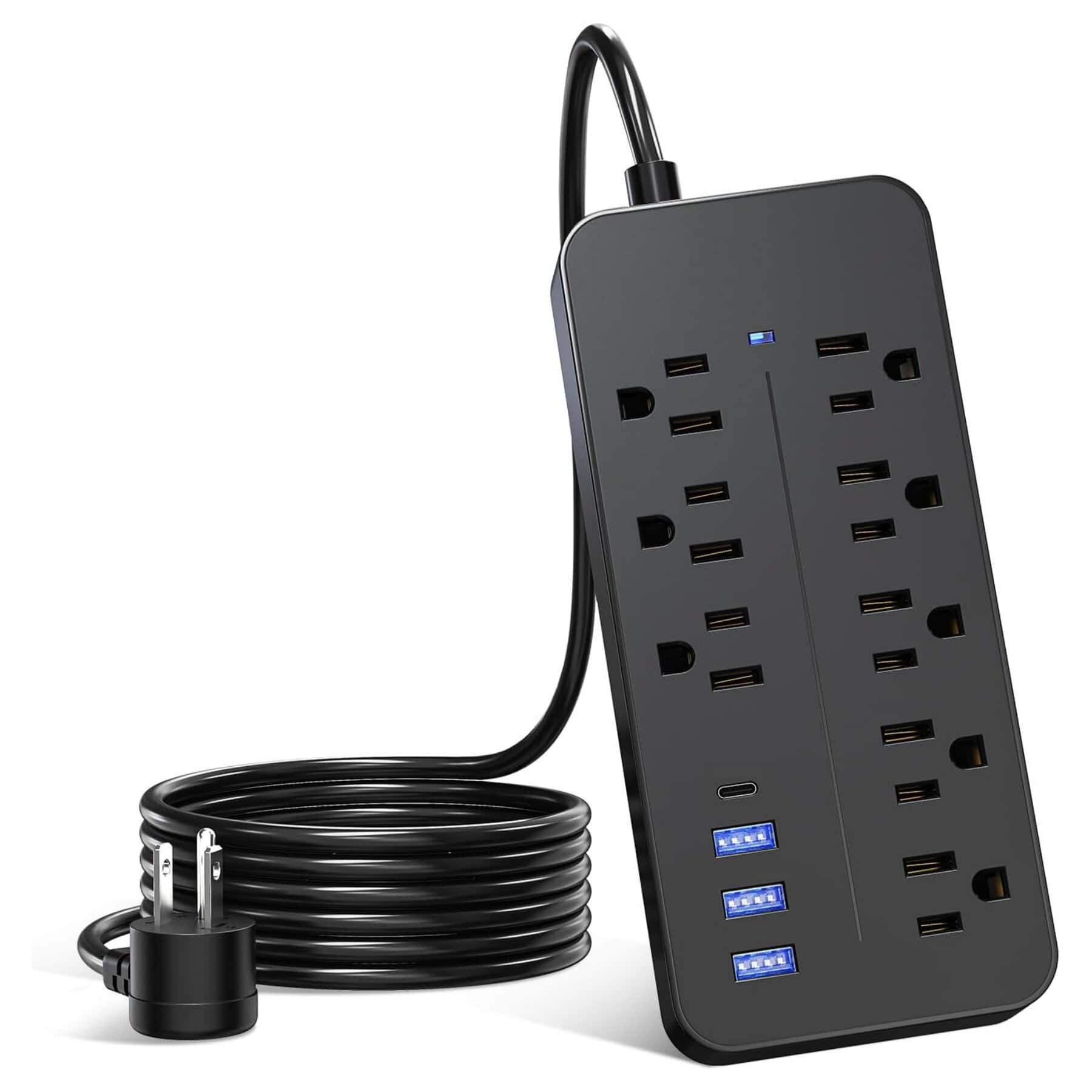 Dazzed Corner - Surge Protector – 8 Outlets, 4 USB (1 USB-C), 4Ft Flat Plug - Black