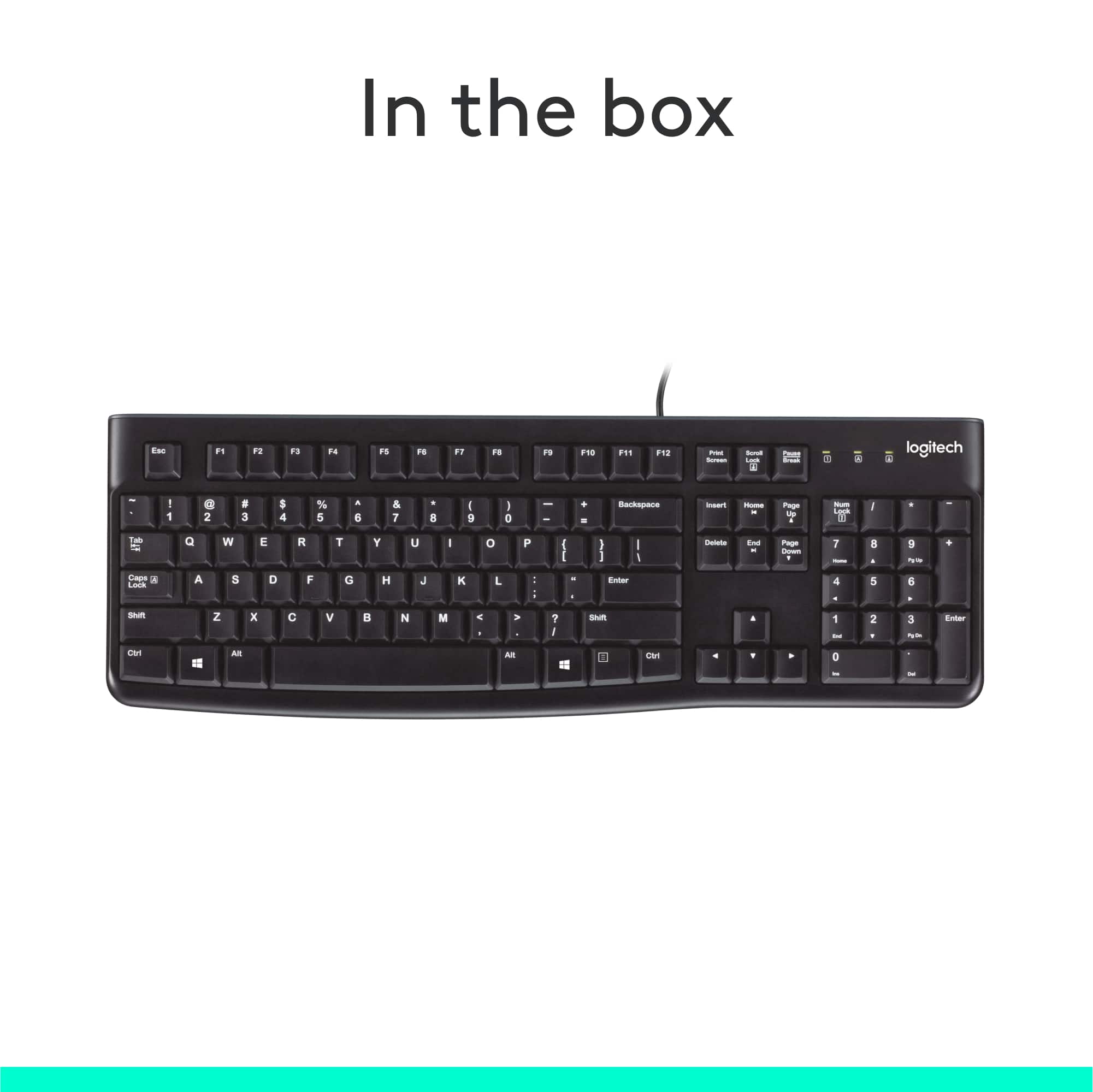 In the box, there is a Logitech keyboard. The keyboard has a black color and features a compact design. The keys include F1, F3, F4, F5, F6, F7, F8, F9, F10, F11, F12, and a few other keys. The keyboard also has a backspace key and a function key.