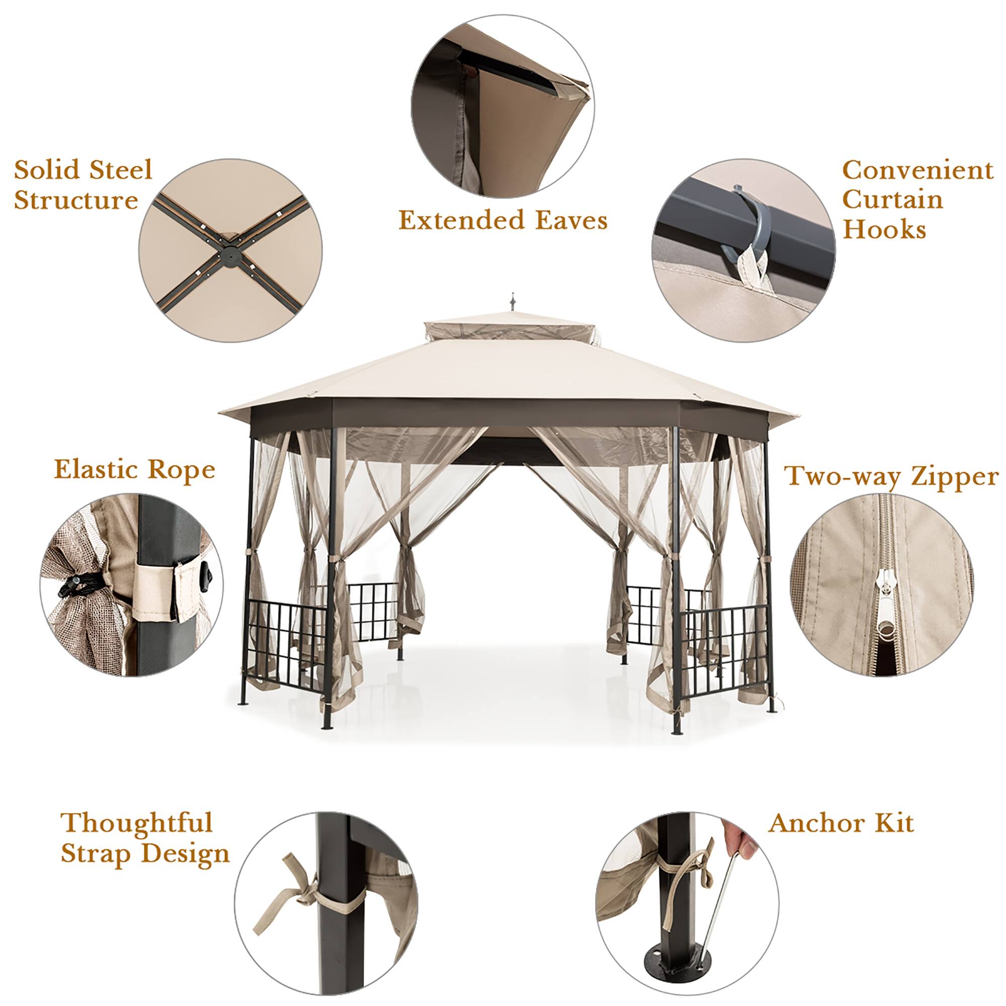 - Solid Steel Structure
- Extended Eaves
- Convenient Curtain Hooks
- Elastic Rope
- Two-way Zipper
- Thoughtful Strap Design
- Anchor Kit