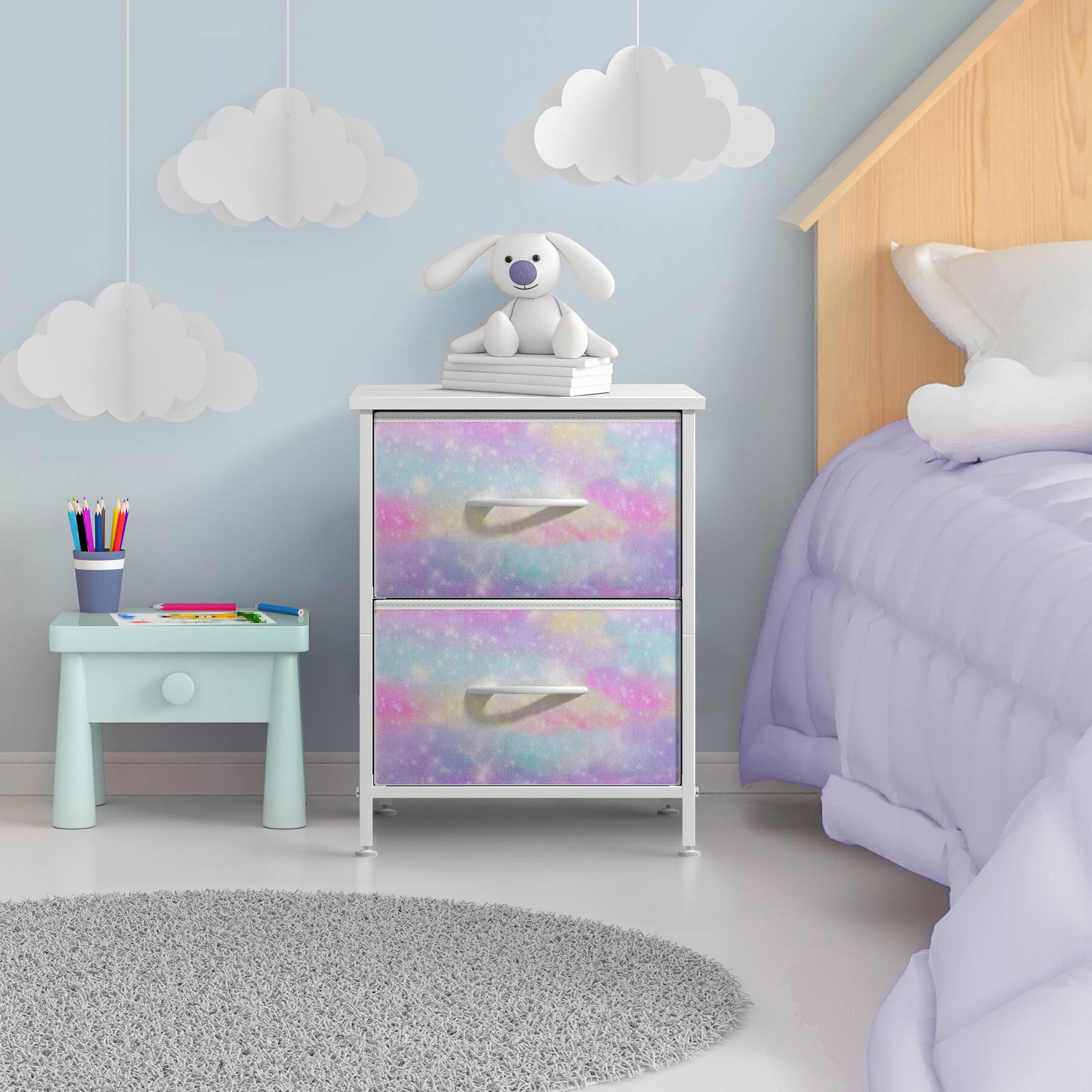 Alt View 1. Sorbus - Sorbus Nightstand with 2 Drawers, Kids Bedside Furniture End Table Night Stand, Steel Frame, Wood Top & Fabric Bins - Rainbow Sparkle Tie-Dye.