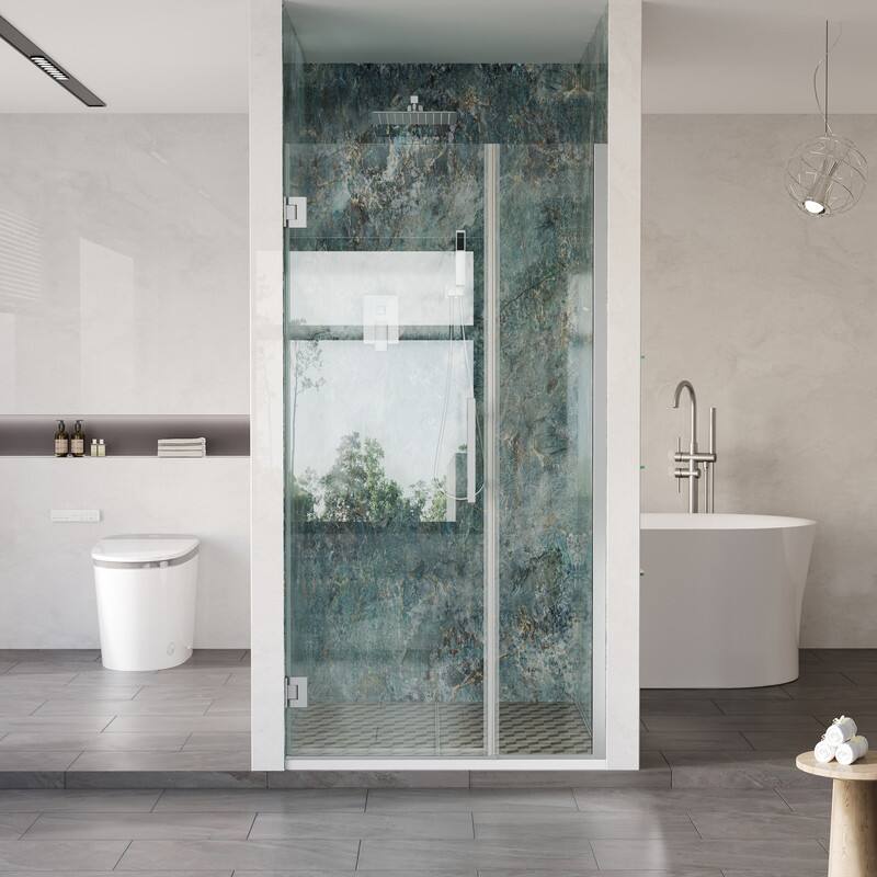 Front. WELLFOR - 35–36 in. W x 72 in. H Frameless Hinged Shower Door with 3/8" Clear Tempered Glass, Reversible Opening - Chrome.