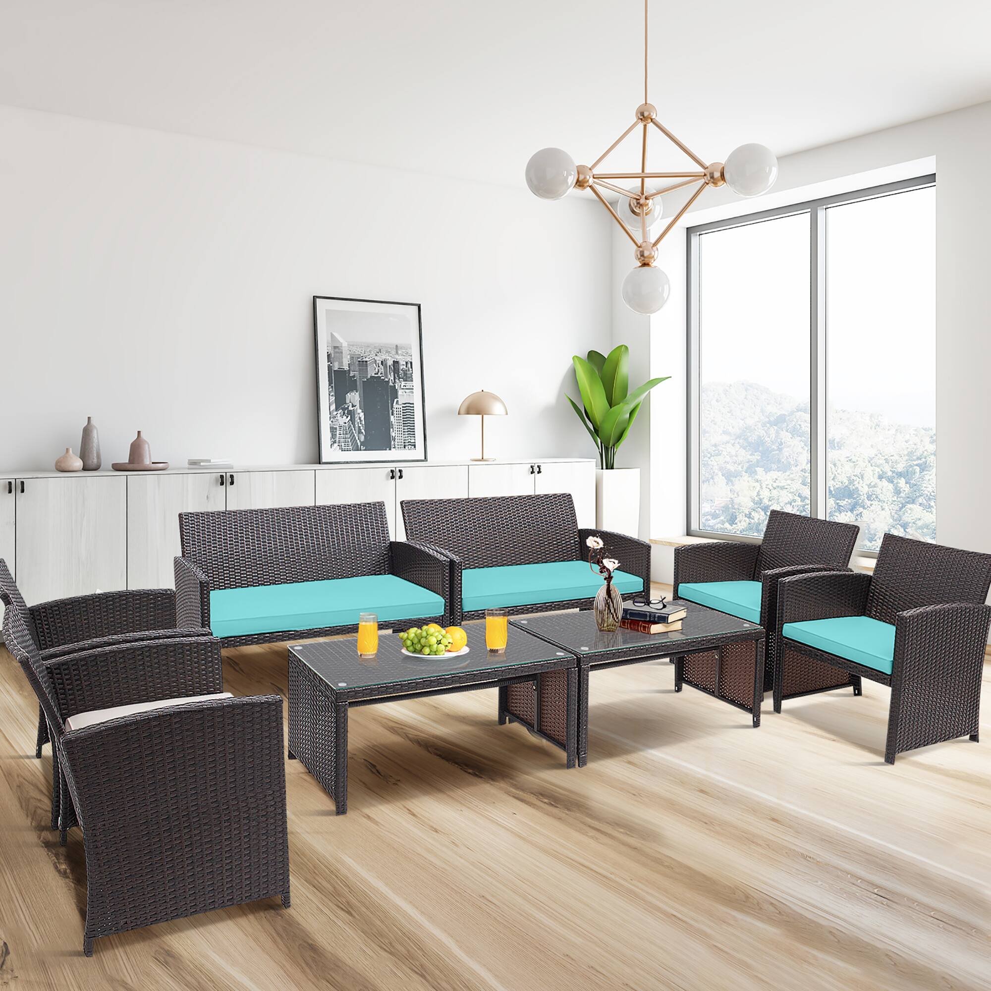 Alt View 5. Gymax - Gymax 8PCS Patio Conversation Set Outdoor Rattan Furniture Set w/ Turquoise Cushions - Turquoise.