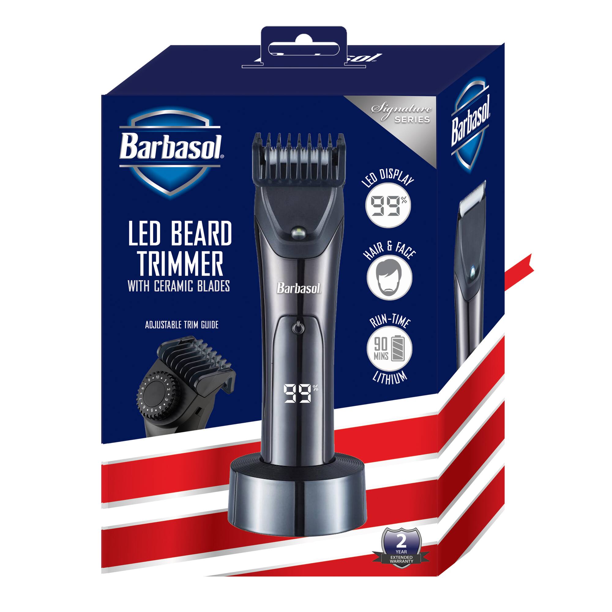 Barbasol Signature Series LED Beard Trimmer with Ceramic Blades. Barbasol 6 Face Hair Adjustable Trim Guide. 99% Hair & Face. Run-Time: 90 Mins. Lithium. 2 Year Warranty.