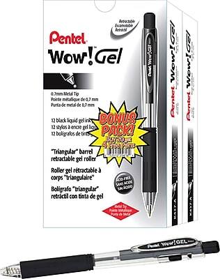 Pentel Wow! Gel

0.7 mm Metal Tip
Pointe métallique de 0.7 mm
Punta de metal de 0.7 mm

12 black liquid gel ink
12 stylos à encre gel liquide
12 bolígrafos de tinta gel

"Triangular" barrel retractable gel roller
Roller gel rétractable à corps "triangulaire"
Bolígrafo "triangular" retráctil con tinta de gel

BONUS PACK!
BUY 20 GET 1 FREE

Retractable
Excomotable
Retractable

Metal Tip
Pointe métallique
Punta de metal

SIN ACIDO
SANS ACIDE
SIN ACIDO