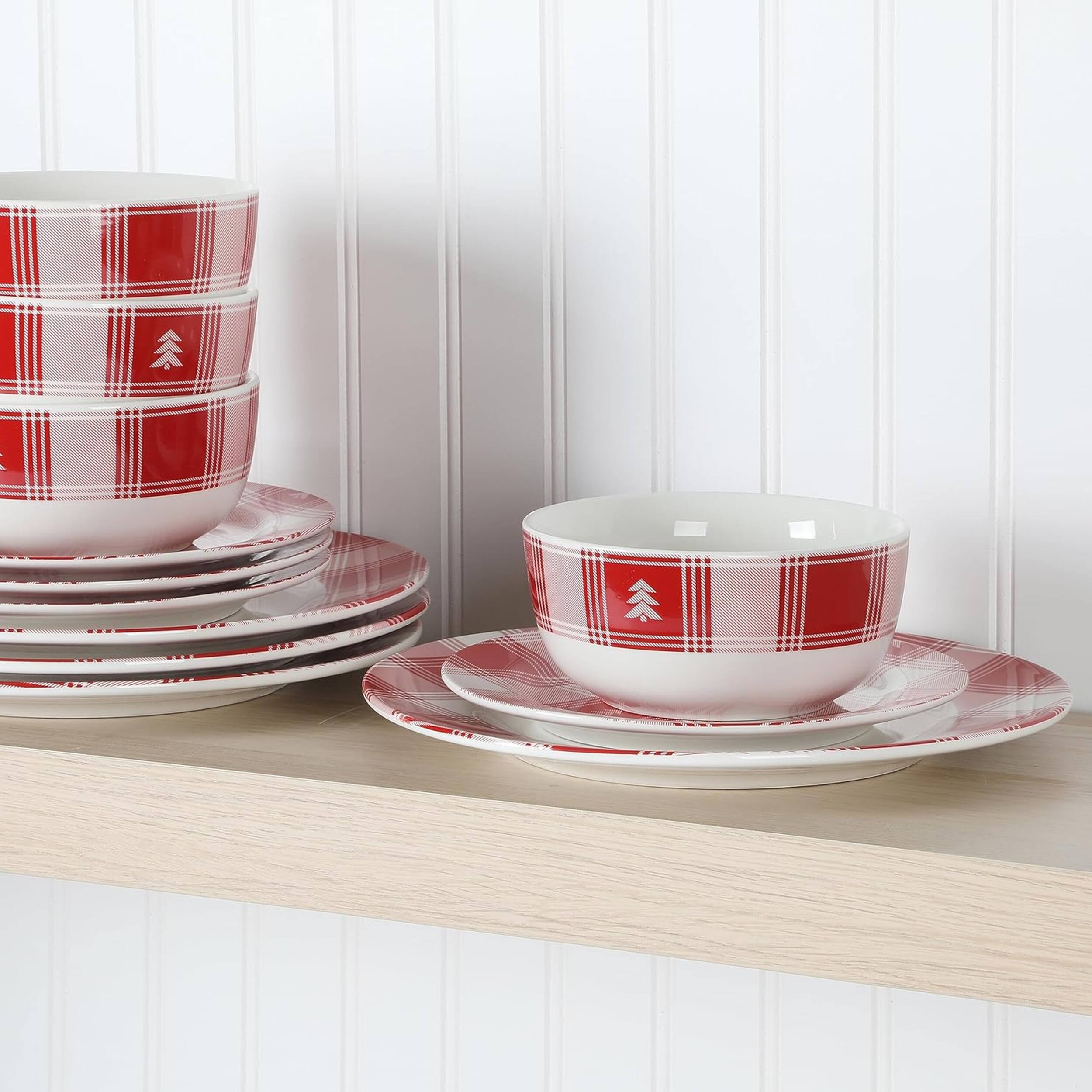 Alt View 6. Martha Stewart - Martha Stewart 12 Piece Plaid Decorated Round Stoneware Dinnerware Set in Red and White - Red and White.