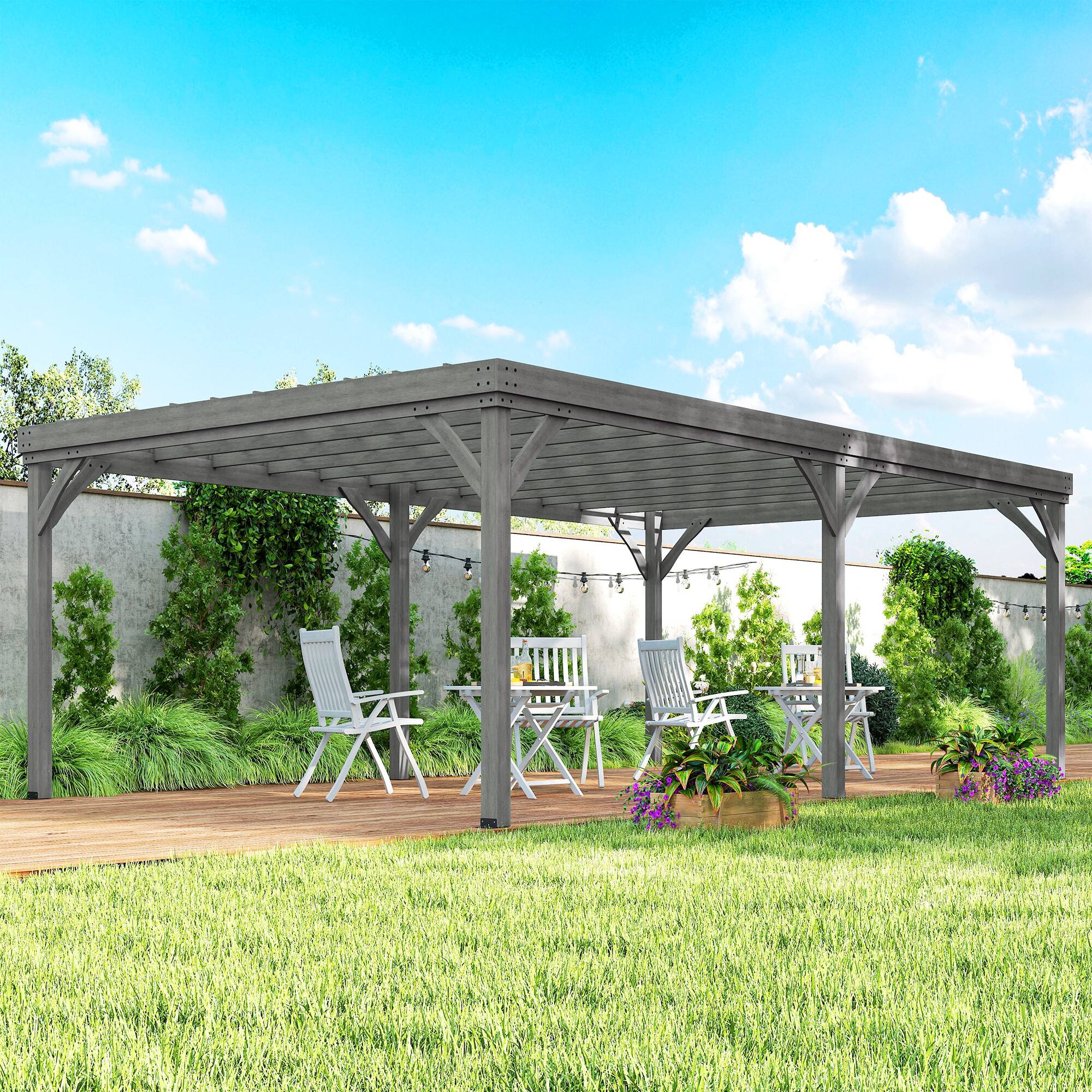 Outsunny - 12' x 20' Outdoor Pergola, Wood Gazebo Grape Trellis with Concrete Anchors for Climbing Plant Support - Gray