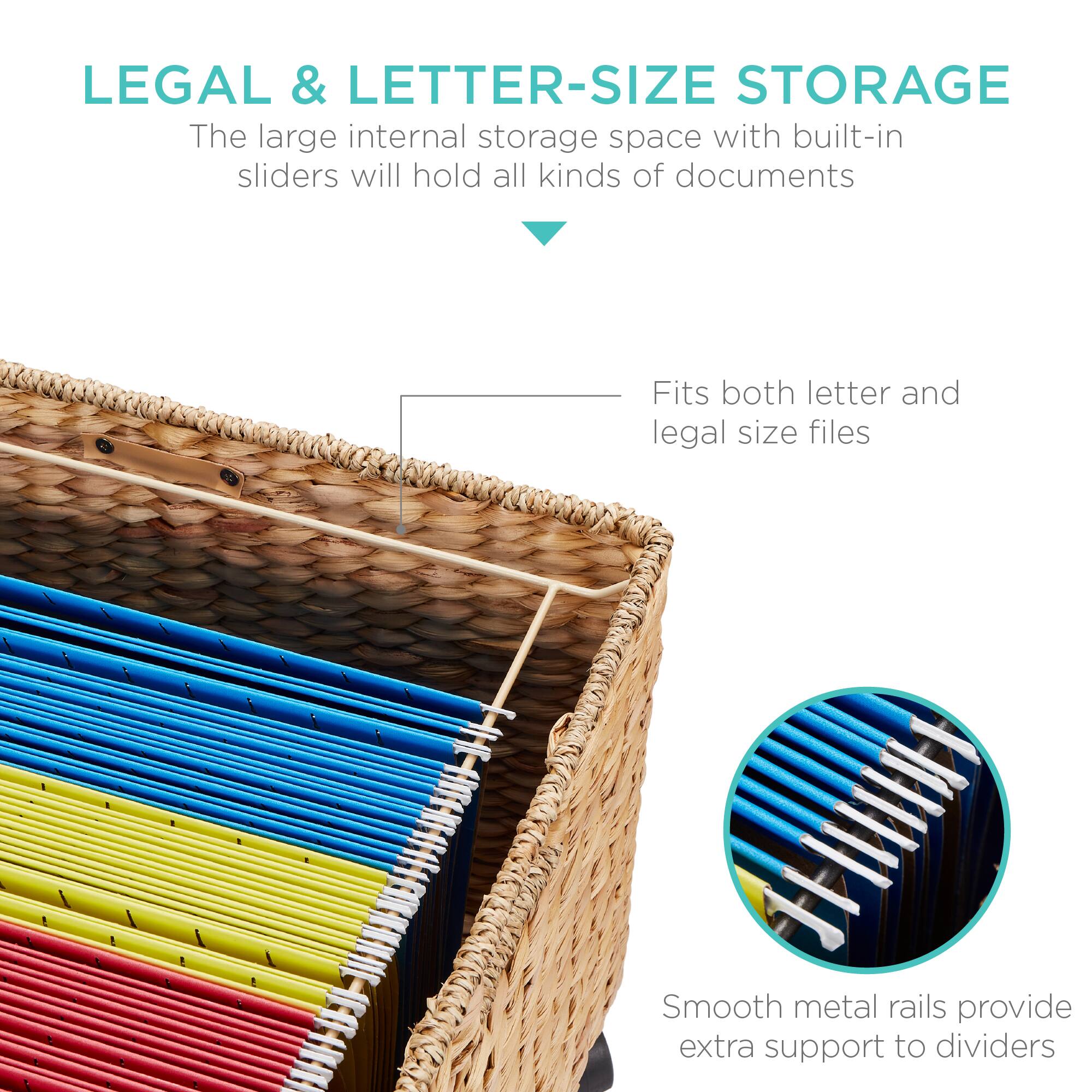 LEGAL & LETTER-SIZE STORAGE

The large internal storage space with built-in sliders will hold all kinds of documents

Fits both letter and legal size files

Smooth metal rails provide extra support to dividers