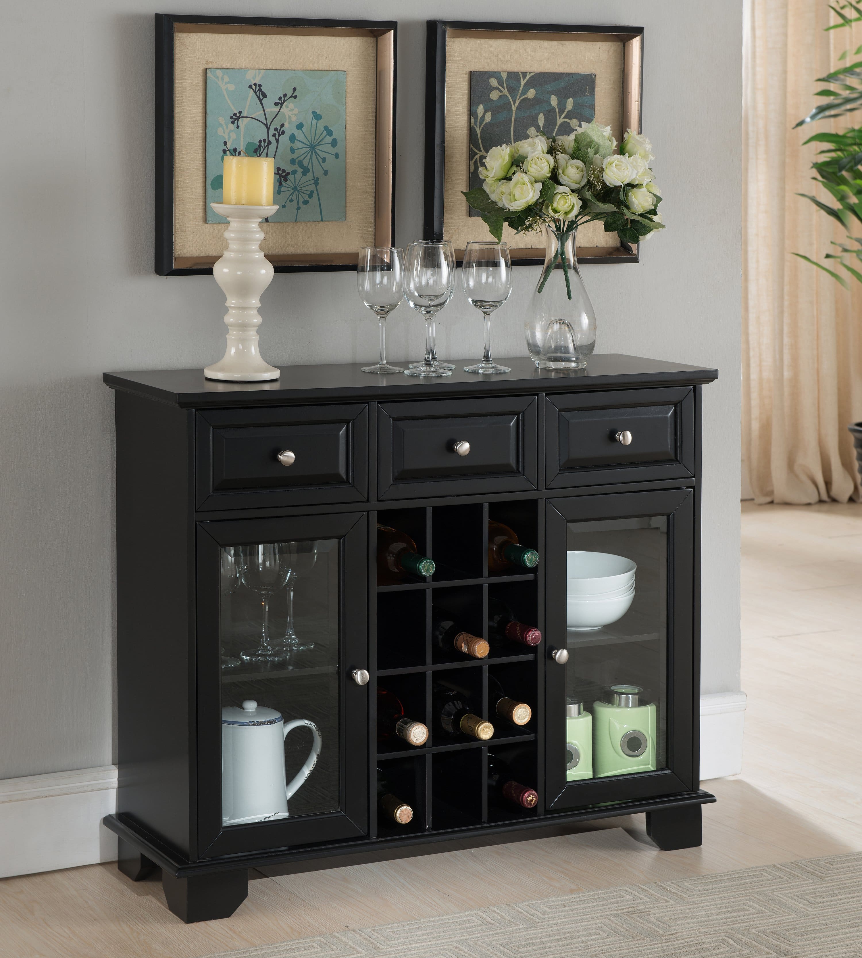 Kings Brand Furniture - Buffet Server Sideboard Cabinet with Wine Storage - Black