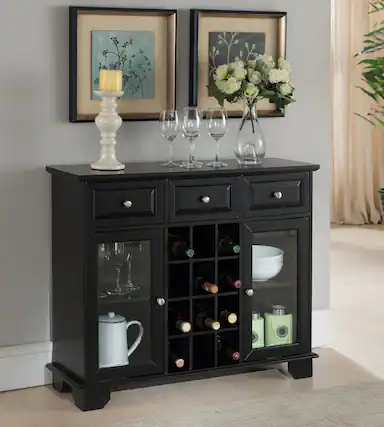 Front. Kings Brand Furniture - Kings Brand Furniture Buffet Server Sideboard Cabinet with Wine Storage, Black - Black.