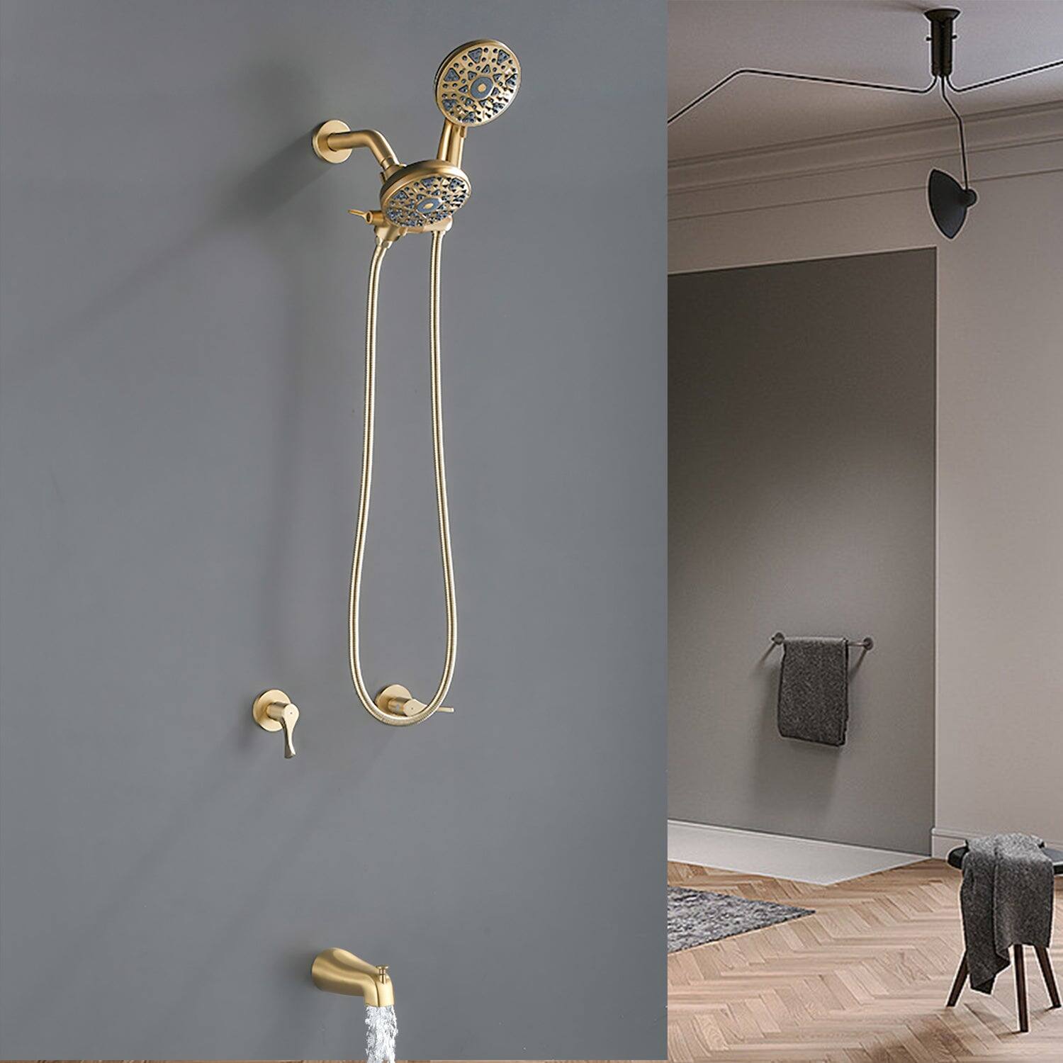 Alt View 4. Boyel Living - Brushed Gold Shower Set with Dual Handle Control 6 Function Dual Shower Heads and Tub Spout - Brushed Gold.